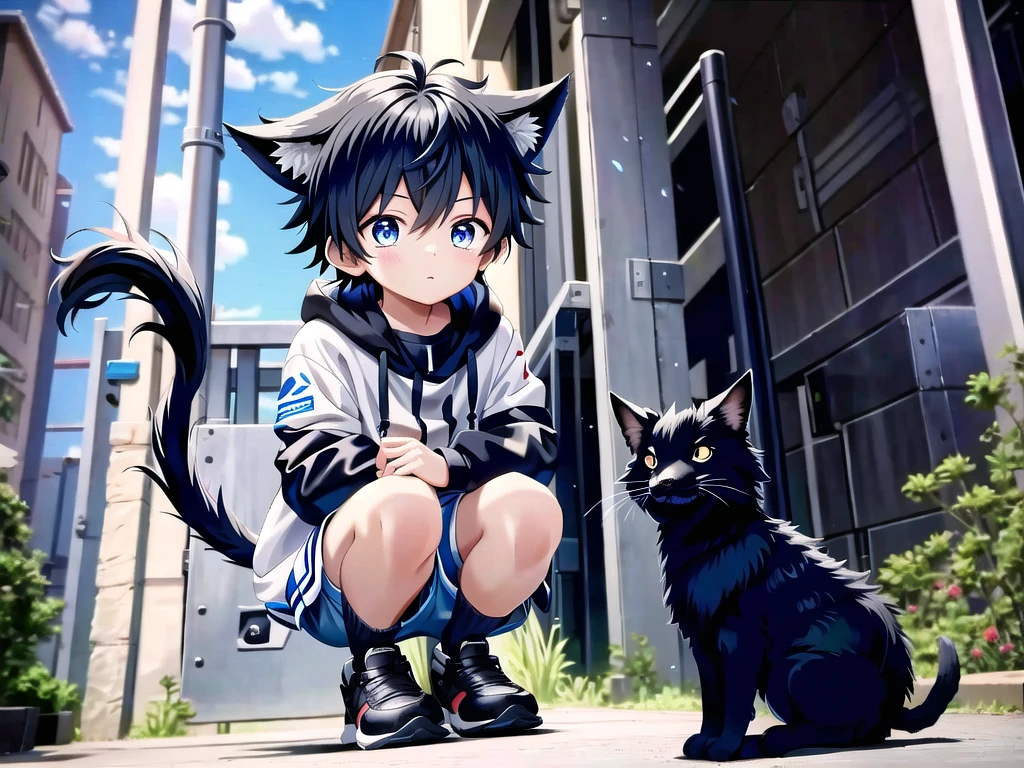  胸から黒と白の平らな紐がぶら下がっている boys .   boysは立っています . The background is a virtual space .  boys [,   he has black fox ears and tail  .   he has black hair and black eyes  ],  boysの服を着ています  [  with a black and white string hanging from his chest {x} a jacket like a cross with a white and black shirt and vocaloid Clothes room,   and is wearing transparent vinyl . super low angle shot of the boy  ,  White Collar , and、 black belt with rapier.   is hanging from his waist  . .  I'm wearing shorts, Black shoes, and長いBlack shoes下]、 zitoida、Short, about 18 years old 、microphone