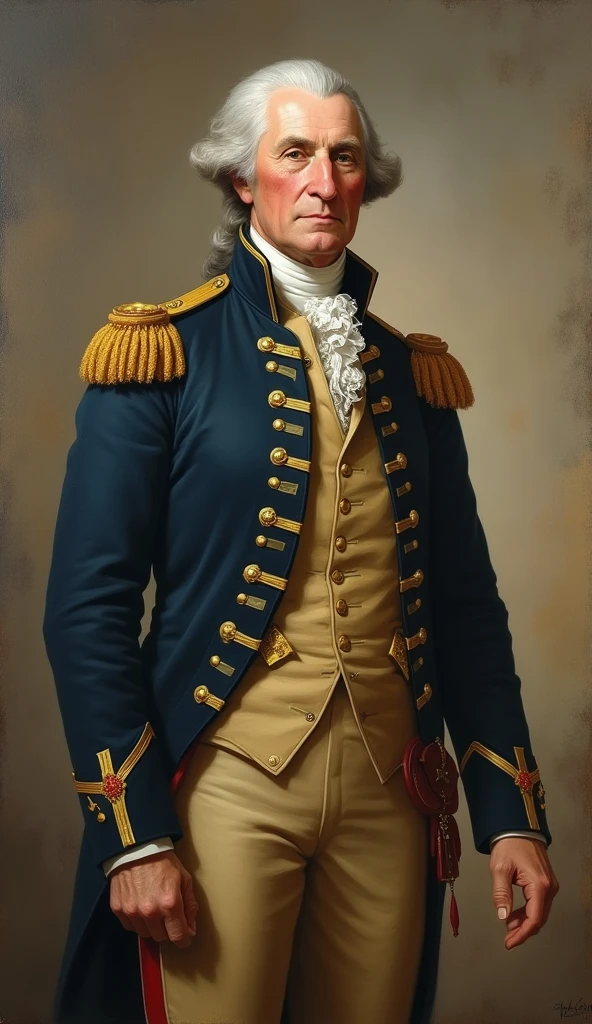 A historical portrait of George Washington, dressed in 18th-century military uniform, with a composed and dignified expression. Classic lighting highlights his face and uniform.
