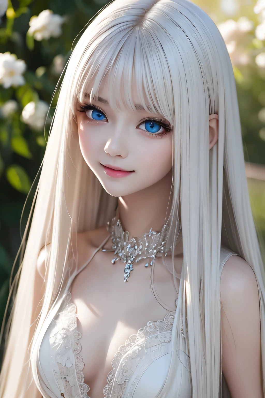 masterpiece,Highest quality,Very detailed,beautiful girl,Gorgeous white gothic lolita dress,Gorgeous necklace, teenager, (full body),Silver Hair,blue eyes,Perfect Face,Beautiful and detailed eyes,Beautiful Skin,skinny,Dynamic,Outdoor,Beautiful flowering garden,Lots of flowers