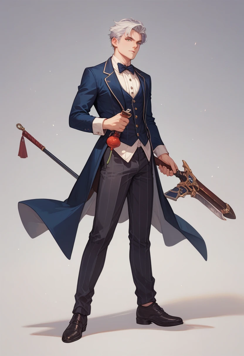 Male butler　assassin　 is holding a weapon　One knotted silver-haired 　 full body view