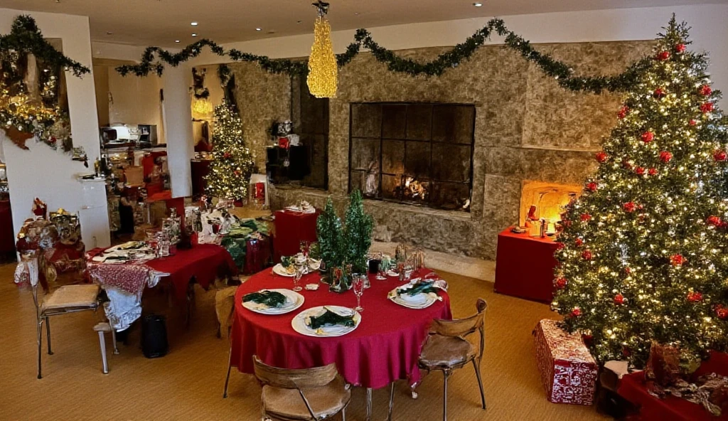 A warm and festive home interior, entirely decorated for Christmas.
The living room is adorned with a large glittering Christmas tree, decorated with garlands of lights, colorful baubles, and golden ribbons.
Christmas stockings hang from the fireplace, where a crackling fire adds a touch of warmth and conviviality.
Garlands and holly wreaths adorn the walls and windows, while scented candles and festive decorations are arranged on tables and shelves.
The kitchen is decorated with placemats in Christmas motifs, red and green napkins, and kitchen utensils in the shape of snowmen and reindeer.
The dining room is ready for a festive meal, with a red tablecloth, decorative plates and a centerpiece of pine branches, candles and small gifts.
Gifts wrapped in festively patterned paper are arranged under the tree and around the room, adding to the joyful, anticipatory atmosphere.
The lighting is soft and warm, with twinkling lights and candles creating a magical, fairytale atmosphere.