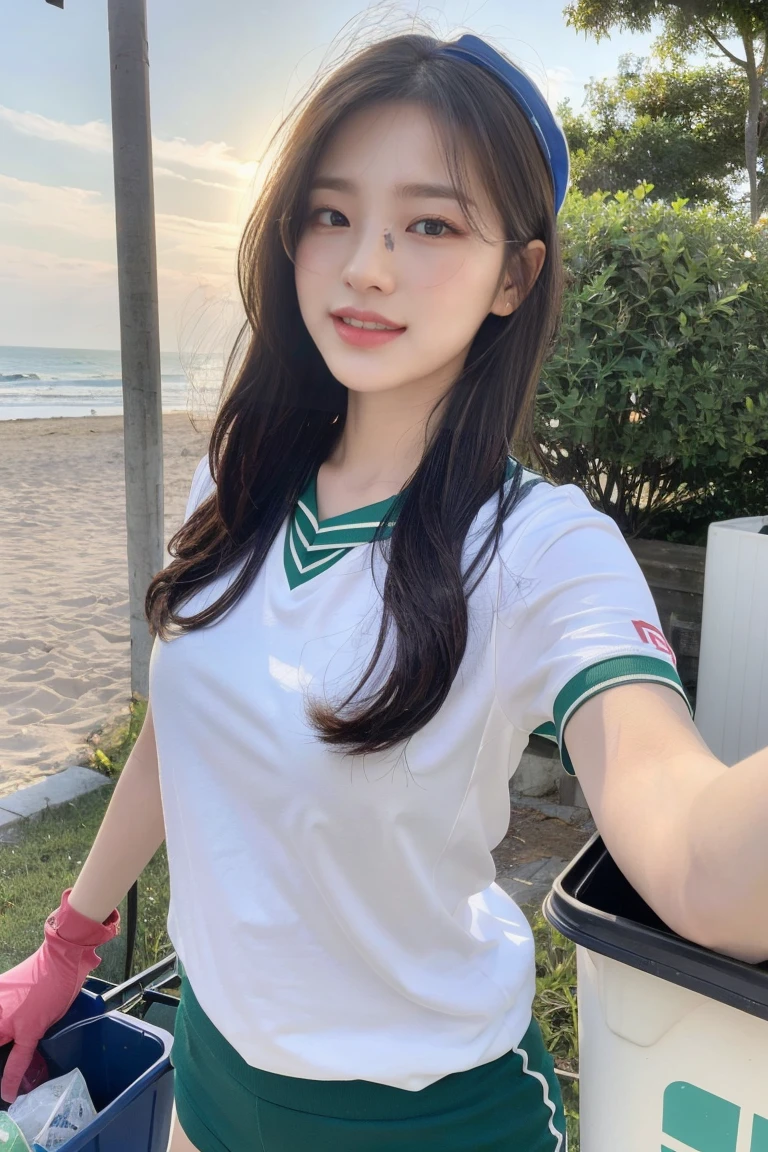 {A stunning Japanese-Korean lady, volunteer in a beach clean-up, at morning dawn, picking up plastic waste, sorting recyclables, with clean-up tools, nets, trash bags, grabbers, recycling bin. She is wearing T-shirt, polo shirt, volleyball attire, PT shorts, hand gloves, hat, cap, visor and/or sunglasses for protection.

Youthful charms, Friendly expression, Confident & Poised demeanor, smooth complexion, beautiful detailed face, beautiful detailed eyes and lips, long eyelashes, slender figure, perfect body proportion, snaggletooth, cute dimple, kind smile, Pinkish short straight hair, side ponytail, Curved in Blunt Bob, Asymmetrical Bob, Looking at viewer, 

Blurred background, Bokeh effect, ultra-detailed,
(best quality, 4k, 8k, high-resolution), 
(masterpiece:1.28), award-winning,
(realistic, photorealistic, photo-realistic:1.37),
HDR, UHD, studio lighting, ultra-fine painting,
sharp focus, physically-based rendering,
extreme detail description, professional photography, Vivid colors, Sunflare, SFW, Safe for Work,
Cowboy_Shot, Close-up Shot, High_Angle Shot,}