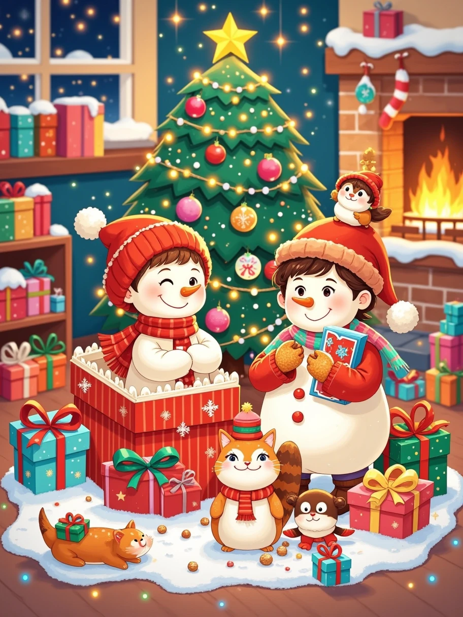  Micro Landscape, ((( Adorable snowman holding a book and bag of candy,  Standing in an open gift box ))),  Robins perched on a snowman's head , Christmas elements,  Snow-covered ground ,  Holiday Decor ,  Candy packaging Holiday costume quality , 8k,  high resolution, (masterpiece：1.2),  super detailed,  studio lighting ,  Extremely Detailed Description , major, Bright colors, Christmas theme, Winter Wonderland , Holiday illustration , Bright colors, snow White,  Festive red and green ,  Warm and cozy Christmas lights 