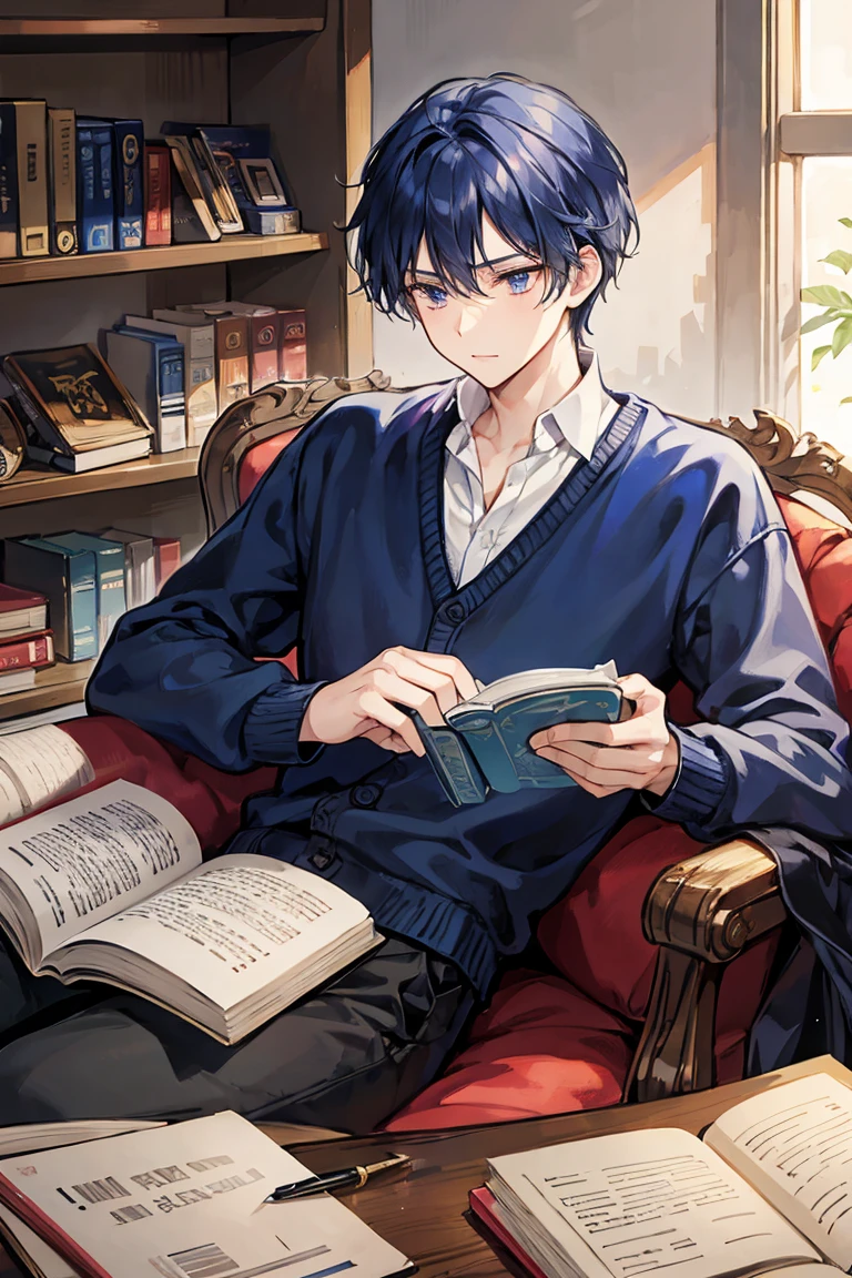 The prince with dark blue hair has a dignified expression and is laid-back reading a book in a messy room