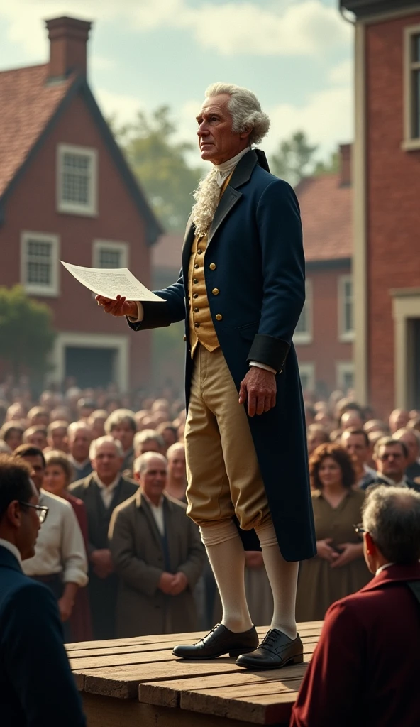 A historical portrait of George Washington, dressed in 18th-century military uniform, with a composed and dignified expression. Classic lighting highlights his face and uniform.
