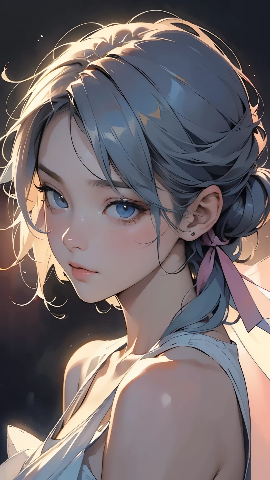 (8k,  top quality, masterpiece:1.2),( top quality:1.0), ( super high resolution :1.0), watercolor,  beautiful women,  shoulder,  hair ribbon, by agnes cecile, Half-body portrait,  Extremely Bright Brilliant Design,  pastel color, (ink:1.3), autumn lights,