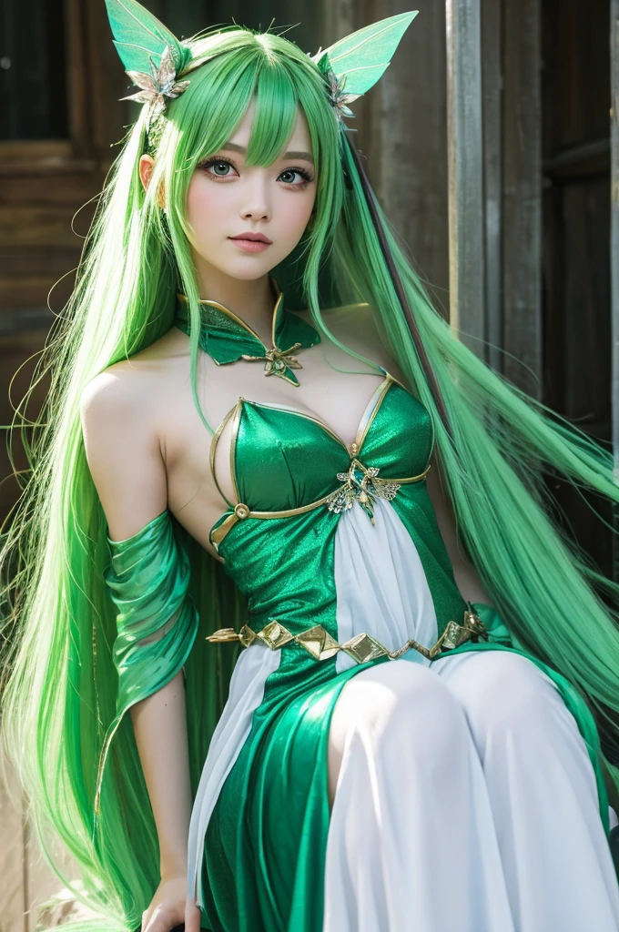 whole figure from head to toe
of a girl with a green hair and big golden eyes with ouroboros-shaped handband, highly details, fantasy style, blurred stricks and spots in the background