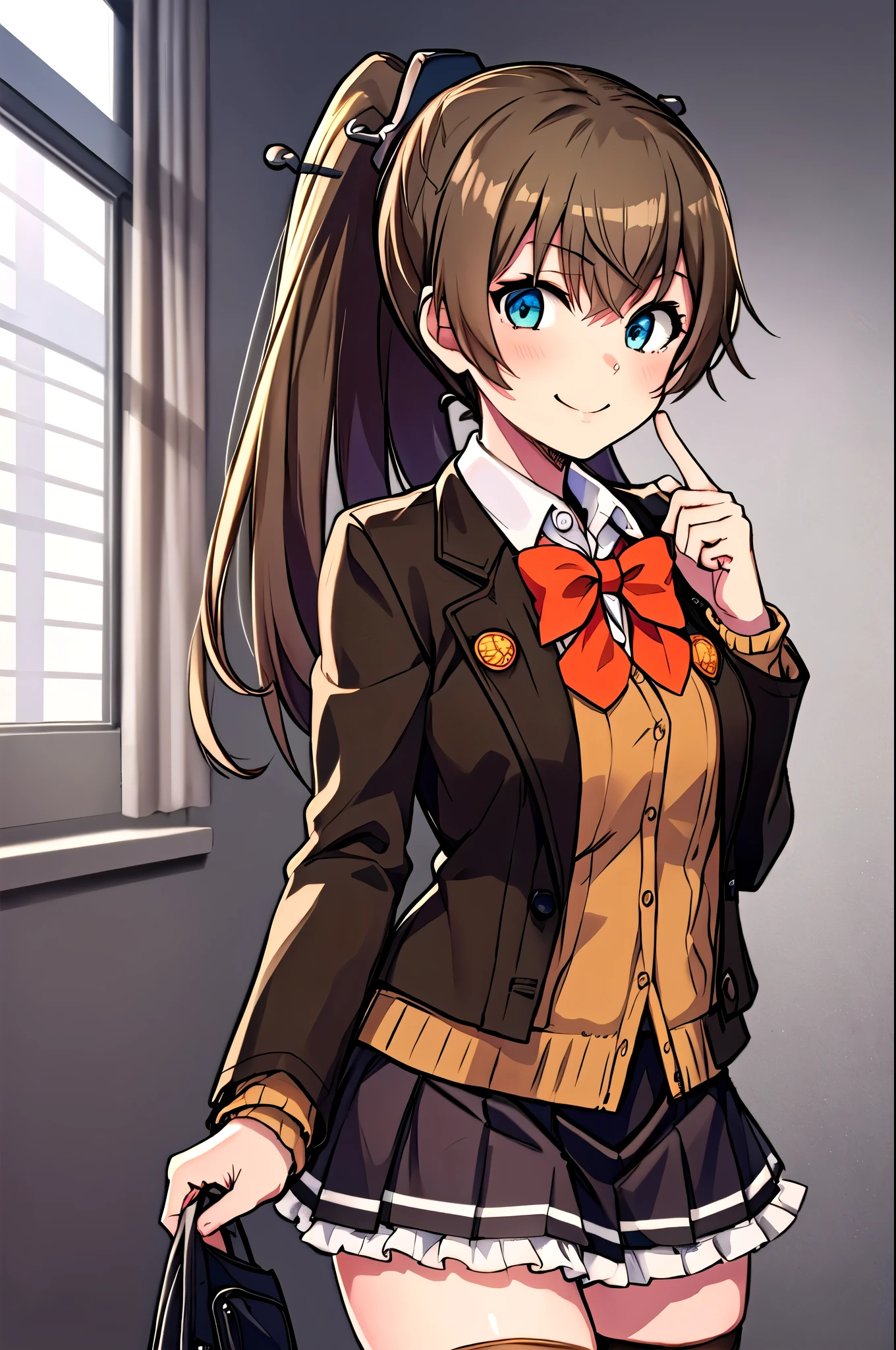 (masterpiece,  top quality:1.2),  Cowboy Shot , Alone,  1 girl, Kumano Kaiji , smile, looking at viewer,  ponytail,  school uniform,  brown jacket,  cardigan ,  red bow tie , Brown Skirt,  thigh high socks, (Classroom Background,  living room background,  office background),,
