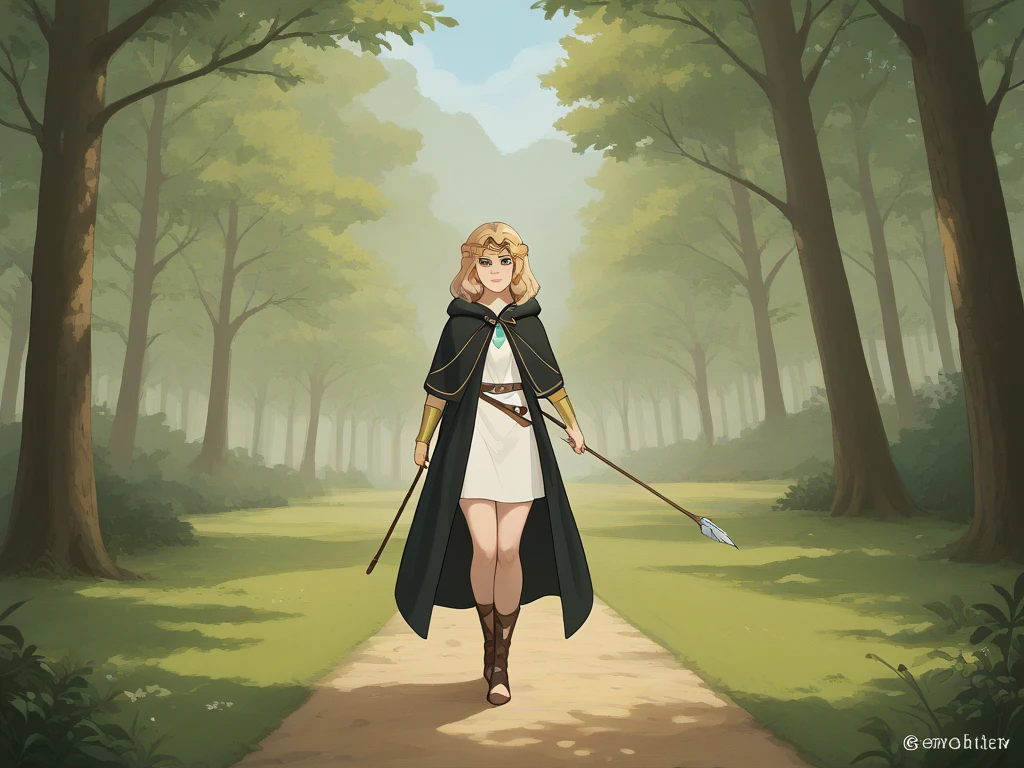 A full-body portrait of Atalanta, the Greek hero. She has long, flowing blonde hair that peeks out from under a dark, hooded cloak, which drapes elegantly over her shoulders and down to her knees. Her striking green eyes gleam with determination and wisdom, giving her an air of strength and confidence. Atalanta wears lightweight yet durable armor, including a leather tunic and bracers, designed for agility and protection. She carries a bow slung across her back and a quiver full of arrows at her side. Her stance is poised and alert, as if ready for any challenge. The cloak adds an air of mystery, and her expression is one of calm focus. The background is subtle, with hints of an ancient Greek forest or rugged terrain, evoking a sense of adventure and heroism.