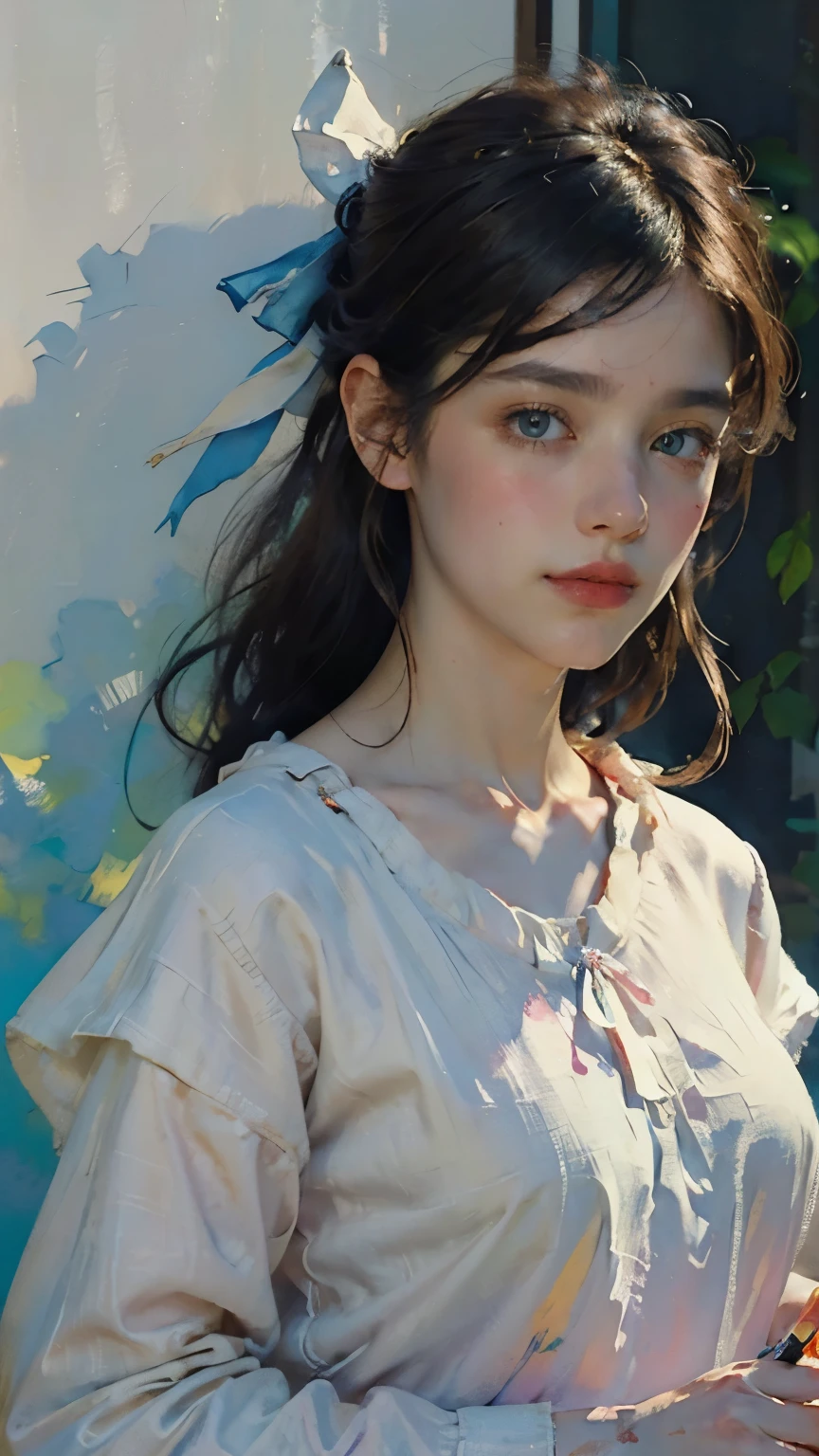 (8k,  top quality, masterpiece:1.2),( top quality:1.0), ( super high resolution :1.0), watercolor,  beautiful women,  shoulder,  hair ribbon, by agnes cecile, Half-body portrait,  Extremely Bright Brilliant Design,  pastel color, (ink:1.3), autumn lights,