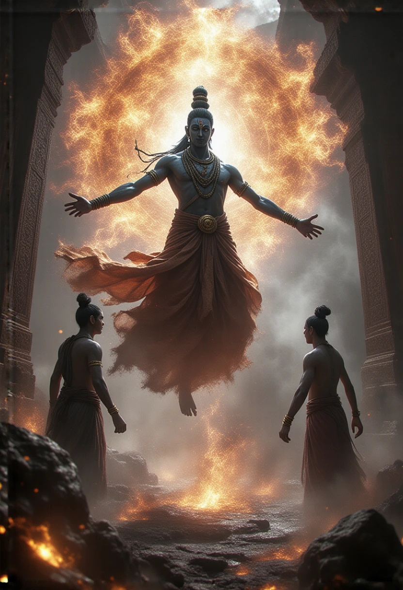 The air around Krishna and Arjuna crackles with energy as Krishna's body defies gravity, his arms outstretched and his eyes closed in deep concentration.