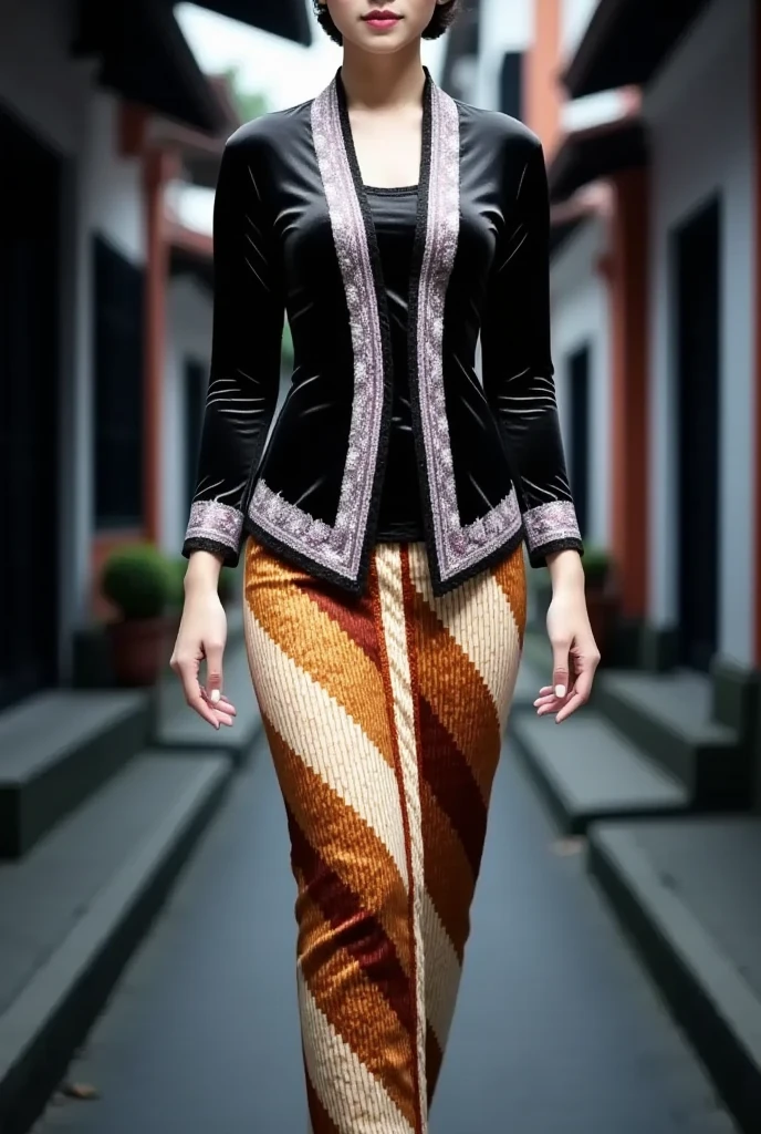 a beautiful Javanese young woman wearing a traditional kebaya outfit. detailed her face with flawless makeup. Her hair is styled neatly in a traditional Javanese hair bun style. The kebaya features intricate glossy black velvet with silver embroidery on the bodice and edges paired, with a tight batik skirt. wearing high heels,  She is gracefully walks in a outdoor setting with soft bokeh and blur Malioboro street Yogyakarta city night atmosphere. The overall mood is graceful and culturally authentic, emphasizing the richness of Javanese tradition