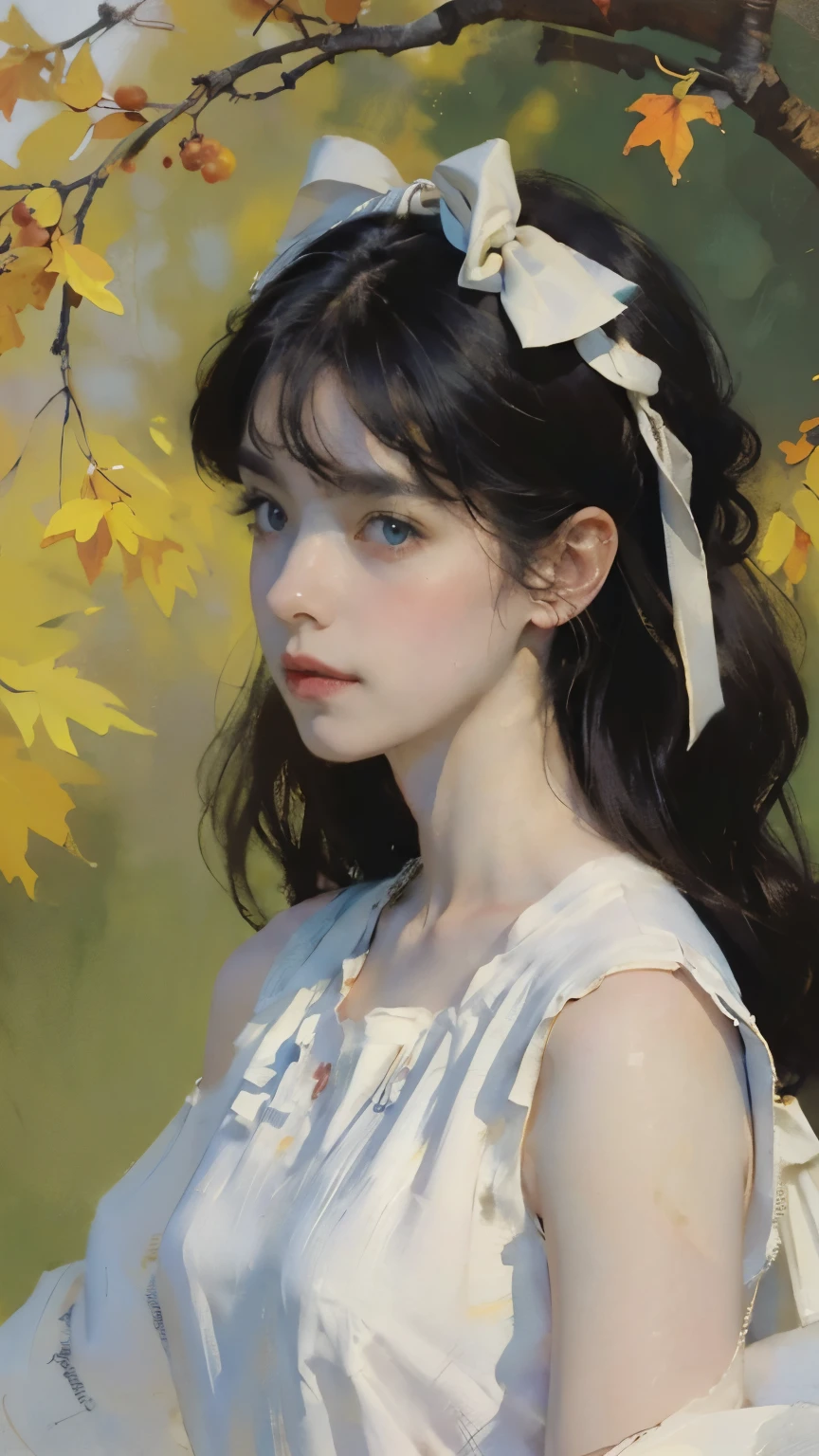 (8k,  top quality, masterpiece:1.2),( top quality:1.0), ( super high resolution :1.0), watercolor,  beautiful women,  shoulder,  hair ribbon, by agnes cecile, Half-body portrait,  Extremely Bright Brilliant Design,  pastel color, (ink:1.3), autumn lights,