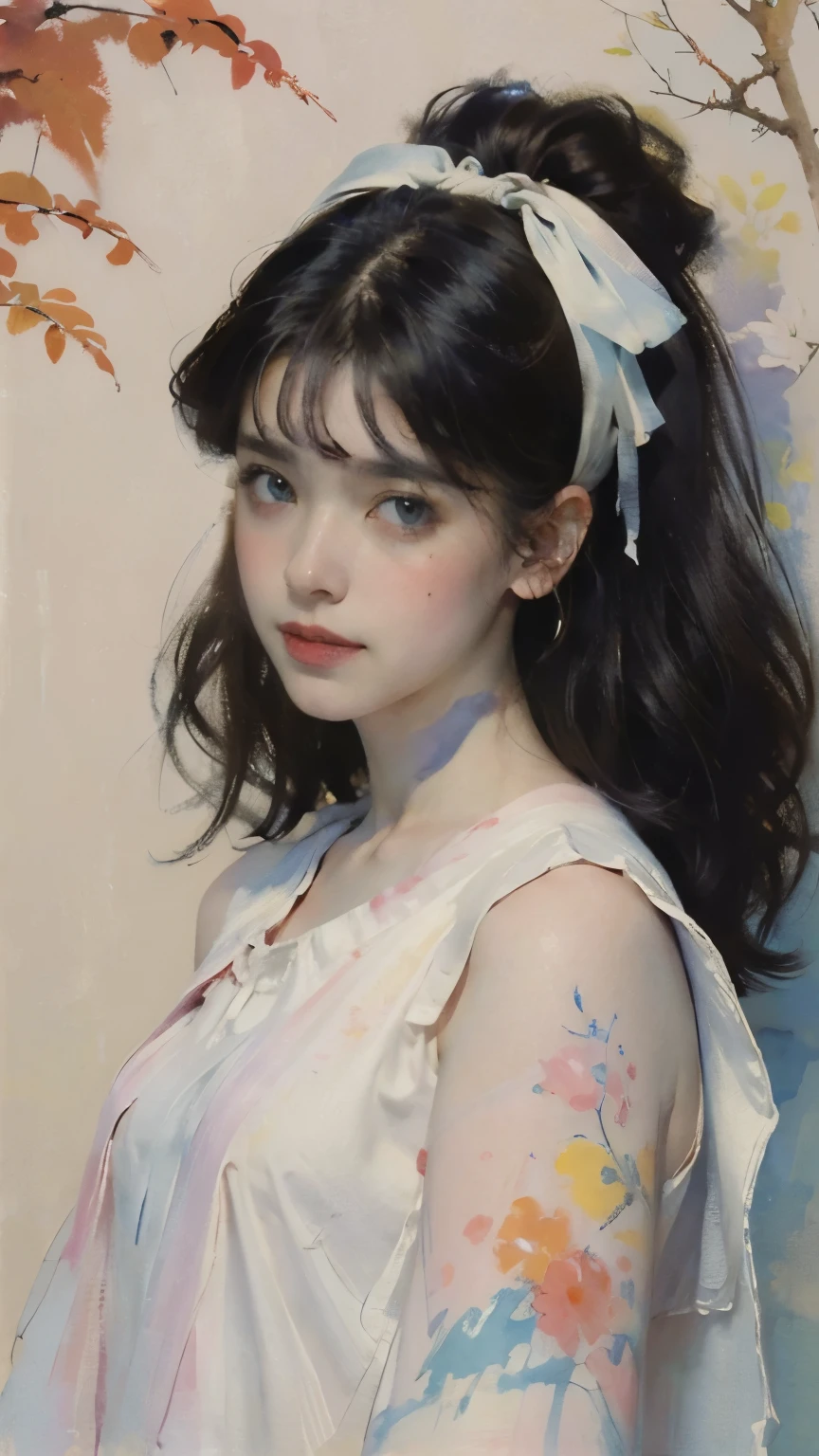 (8k,  top quality, masterpiece:1.2),( top quality:1.0), ( super high resolution :1.0), watercolor,  beautiful women,  shoulder,  hair ribbon, by agnes cecile, Half-body portrait,  Extremely Bright Brilliant Design,  pastel color, (ink:1.3), autumn lights,