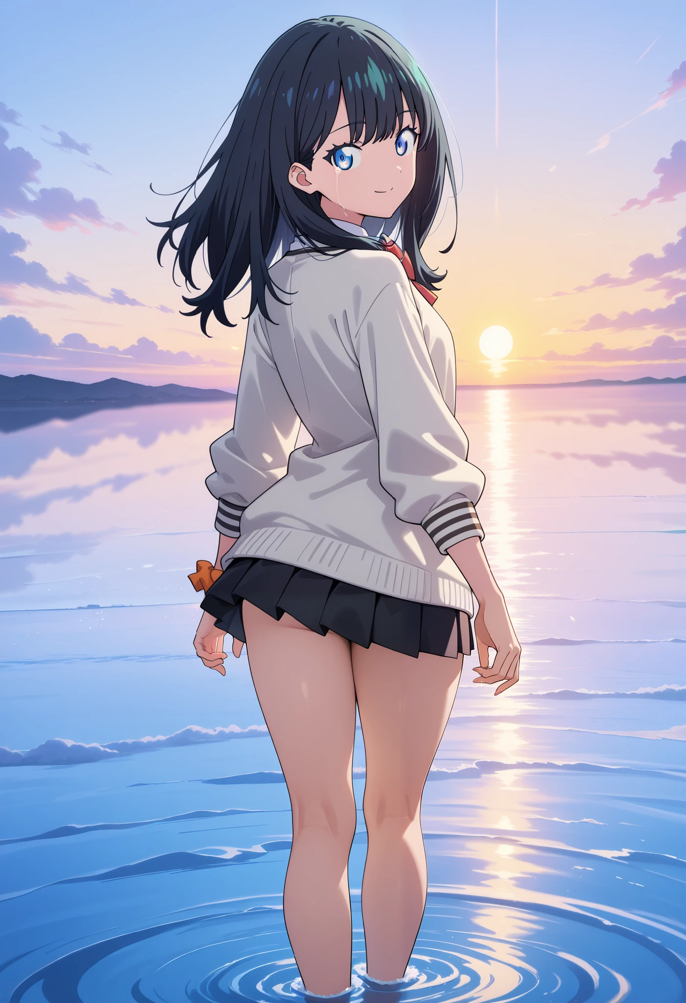   1 girl, only
Laura   :   Ricca Takarada-S1-Ponyx Laura Nochekaiser:1>,Rikka Takada,  Takarada Rikka ,  black hair,  blue eyes,  long hair,Completely naked, based: (), , (  moans
tears  , Serious,,ssss. Gridman,Looking back ,smile, holding hands、 solo focus、subjective hand 、 outside frame
Skirt 、 Long Sleeve 、ribbon、uniform、 white shirt、Thighs、 pleated skirt 、 miniskirt、 bow tie 、 black skirt、赤いribbon、 scrunchies、 cardigan 、C loafers 、赤い bow tie 、手首の scrunchies、オレンジ色の scrunchies、白い cardigan 、
masterpiece , top quality,   very aesthetic ,   absurd,(   Anime Screen Capture  :0.5),  Anime Coloring , horizon 、 standing on liquid ,sunset, pink peony ,