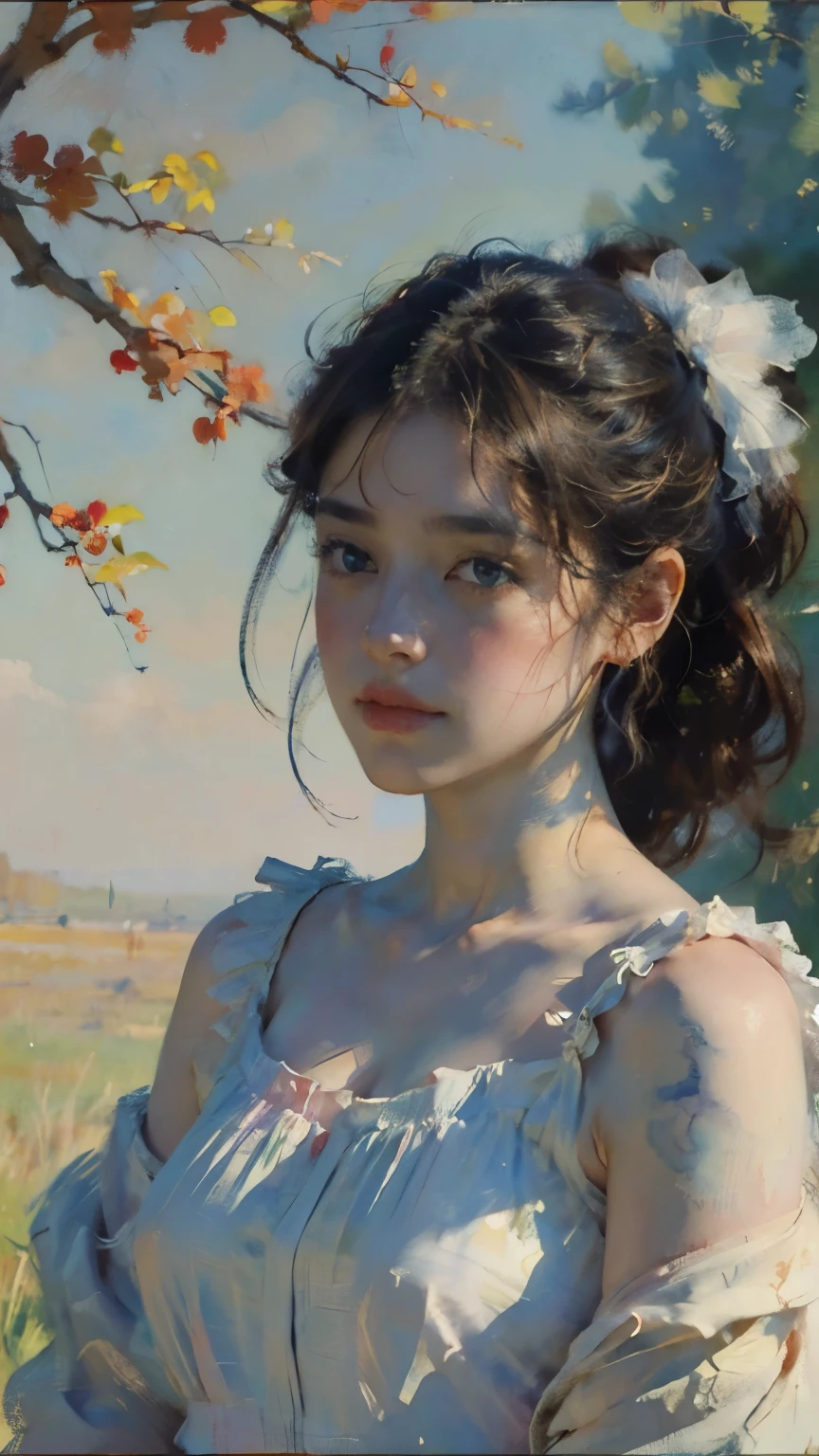 (8k, top quality, masterpiece:1.2),( top quality:1.0), ( super high resolution :1.0), watercolor, beautiful women, shoulder, hair ribbon, by agnes cecile, Half-body portrait, Extremely Bright Brilliant Design, pastel color, (ink:1.3), autumn lights,