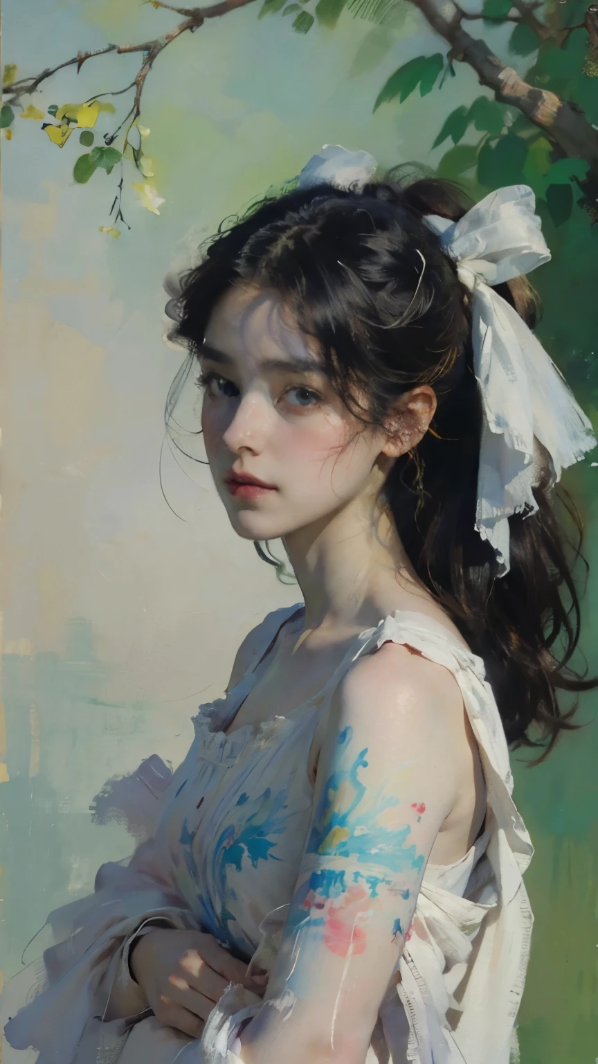 (8k, top quality, masterpiece:1.2),( top quality:1.0), ( super high resolution :1.0), watercolor, beautiful women, shoulder, hair ribbon, by agnes cecile, Half-body portrait, Extremely Bright Brilliant Design, pastel color, (ink:1.3), autumn lights,