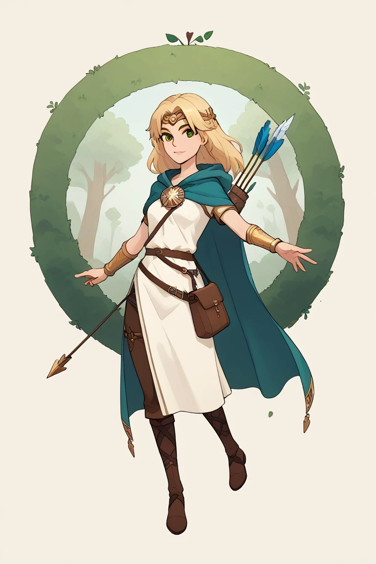 A full-body portrait of Atalanta, the Greek hero. She has long, flowing blonde hair that peeks out from under a dark, hooded cloak, which drapes elegantly over her shoulders and down to her knees. Her striking green eyes gleam with determination and wisdom, giving her an air of strength and confidence. Atalanta wears lightweight yet durable armor, including a leather tunic and bracers, designed for agility and protection. She carries a bow slung across her back and a quiver full of arrows at her side. Her stance is poised and alert, as if ready for any challenge. The cloak adds an air of mystery, and her expression is one of calm focus. The background is subtle, with hints of an ancient Greek forest or rugged terrain, evoking a sense of adventure and heroism.