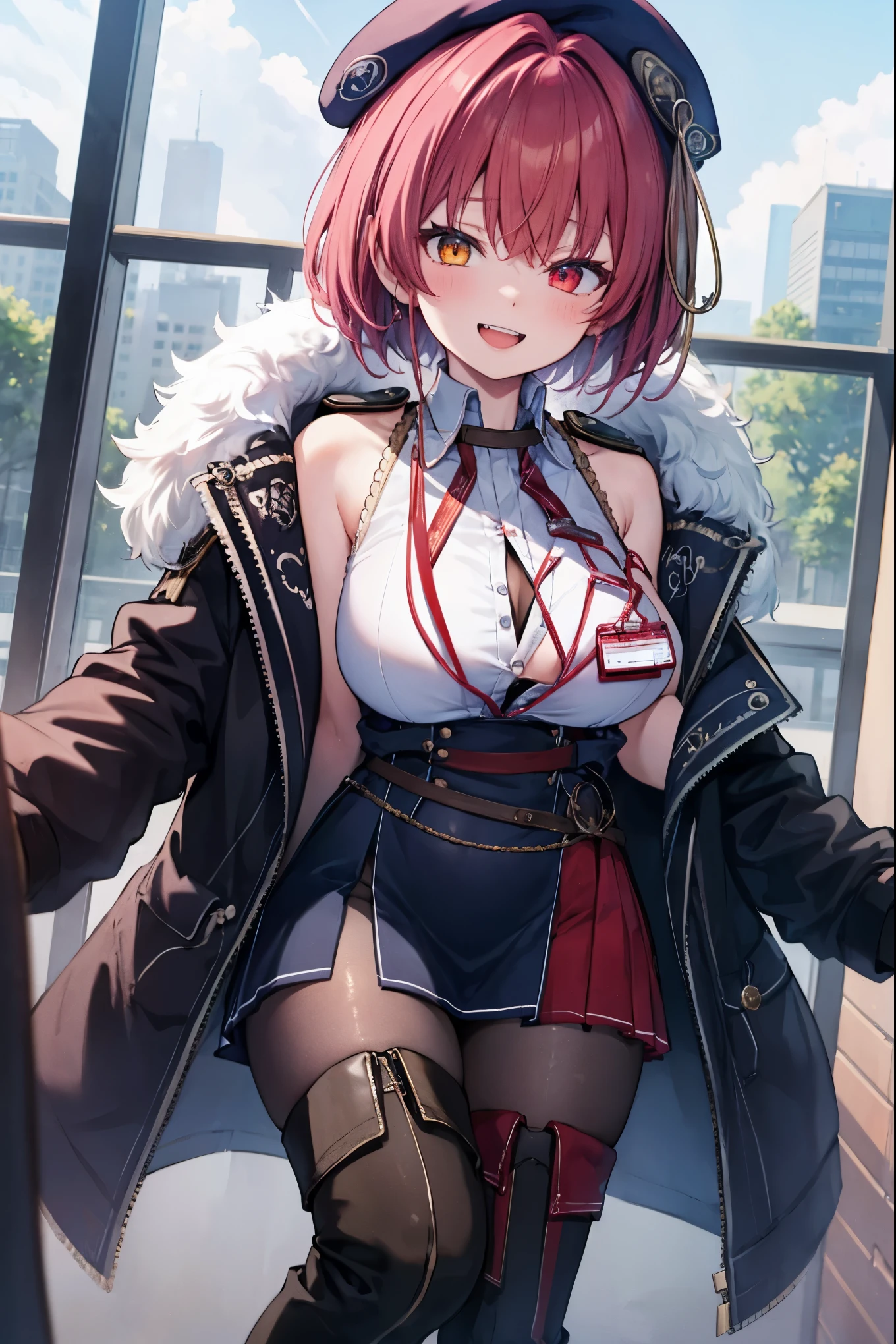 ((Masterpiece)), (Best Quality), marine_beret, Collared_White_Shirt, Sleeveless, High-waisted Skirt, Pantyhose, Blue Jacket, Fur Embellishment, Fingerless Gloves, ID Card, Solo,marine_officer,, black pantyhose, black gloves, thigh boots, beret,houshou_marine,heterochromia, red eyes, orange eyes,open_mouth,big_smile,evil_smile,fang,large_breasts,,office_landscape,red_short_hair,(plump:0.7),open_mouth,tongue, slouch,pov,grin,evil,