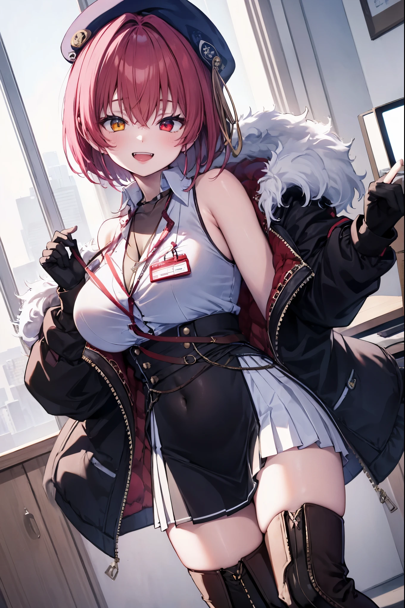 ((Masterpiece)), (Best Quality), marine_beret, Collared_White_Shirt, Sleeveless, High-waisted Skirt, Pantyhose, Blue Jacket, Fur Embellishment, Fingerless Gloves, ID Card, Solo,marine_officer,, black pantyhose, black gloves, thigh boots, beret,houshou_marine,heterochromia, red eyes, orange eyes,open_mouth,big_smile,evil_smile,fang,large_breasts,,office_landscape,red_short_hair,(plump:0.7),open_mouth,tongue, slouch,pov,grin,evil,