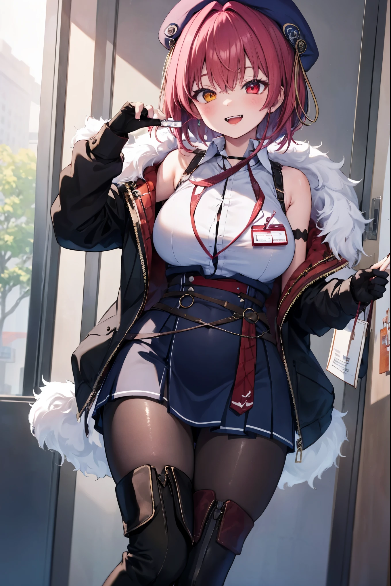 ((Masterpiece)), (Best Quality), marine_beret, Collared_White_Shirt, Sleeveless, High-waisted Skirt, Pantyhose, Blue Jacket, Fur Embellishment, Fingerless Gloves, ID Card, Solo,marine_officer,, black pantyhose, black gloves, thigh boots, beret,houshou_marine,heterochromia, red eyes, orange eyes,open_mouth,big_smile,evil_smile,fang,large_breasts,,office_landscape,red_short_hair,(plump:0.7),open_mouth,tongue, slouch,pov,grin,evil,