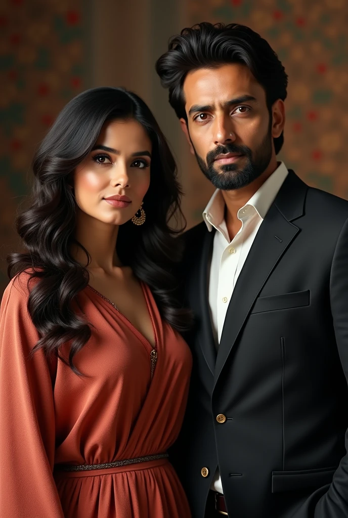Create a realistic photograph of a smiling and beautiful indian actress in red jacket carrying a large man on her shoulders in a room, man is sitting on top of her shoulders