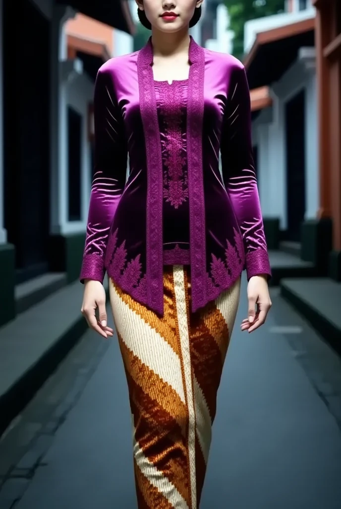 a beautiful Javanese young woman wearing a traditional kebaya outfit. detailed her face with flawless makeup. Her hair is styled neatly in a traditional Javanese hair bun style. The kebaya features intricate glossy purple velvet with embroidery on the bodice and edges paired, with a tight batik skirt. She is gracefully walks in a outdoor setting street alley city night atmosphere. The overall mood is graceful and culturally authentic, emphasizing the richness of Javanese tradition