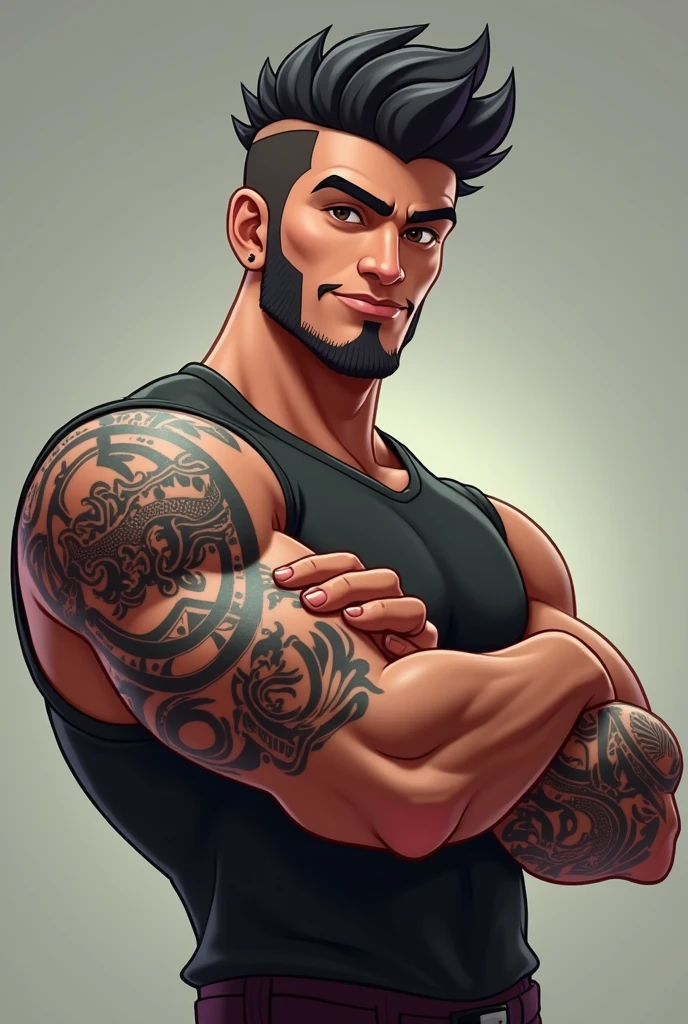 Um personagem estilo Disney Pixar, masculino, ninja vestido de preto, faixa preta, musculoso, olhos castanhos, still and serious