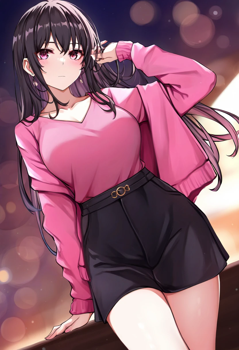 masterpiece, best quality, newest, absurdres, highres,safe）， year 2024，(1 breathtaking beauty,intellectual and elegant,luminous pink sweater,black hair,,full-length shot,perfect figure，ultra-clear,exquisite facial features,ultra-detailed,bokeh)