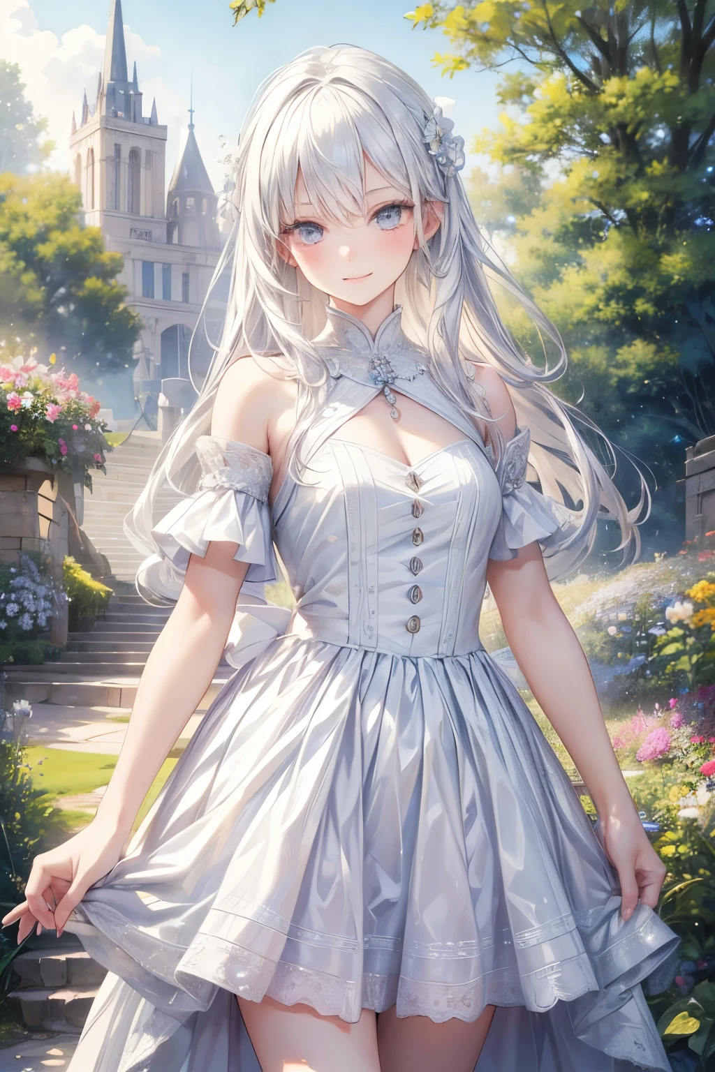 masterpiece, top quality, very detailed,photo realistic , realistic , ultra high resolution, Masterpiece, pretty girl, ager,White Hair,White straight hair, perfect eyes, VERY CUTE ,slender, aristocrat dress ,gem,Decorations,dance,smile,garden