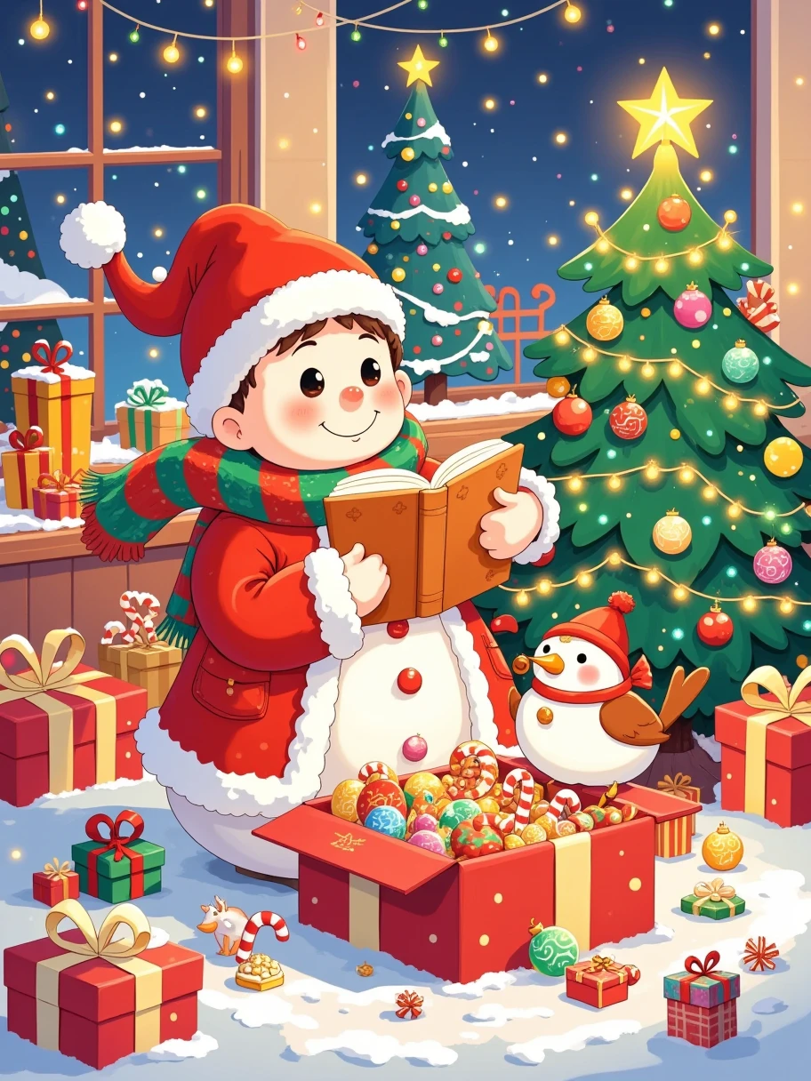 ((( Adorable snowman holding a book and bag of candy,  Standing in an open gift box ))),  Robins perched on a snowman's head , Christmas elements,  Snow-covered ground ,  Holiday Decor ,  Candy packaging Holiday costume quality , 8k,  high resolution, (masterpiece：1.2),  super detailed,  studio lighting ,  Extremely Detailed Description , major, Bright colors, Christmas theme, Winter Wonderland , Holiday illustration , Bright colors, snow White,  Festive red and green ,  Warm and cozy Christmas lights 