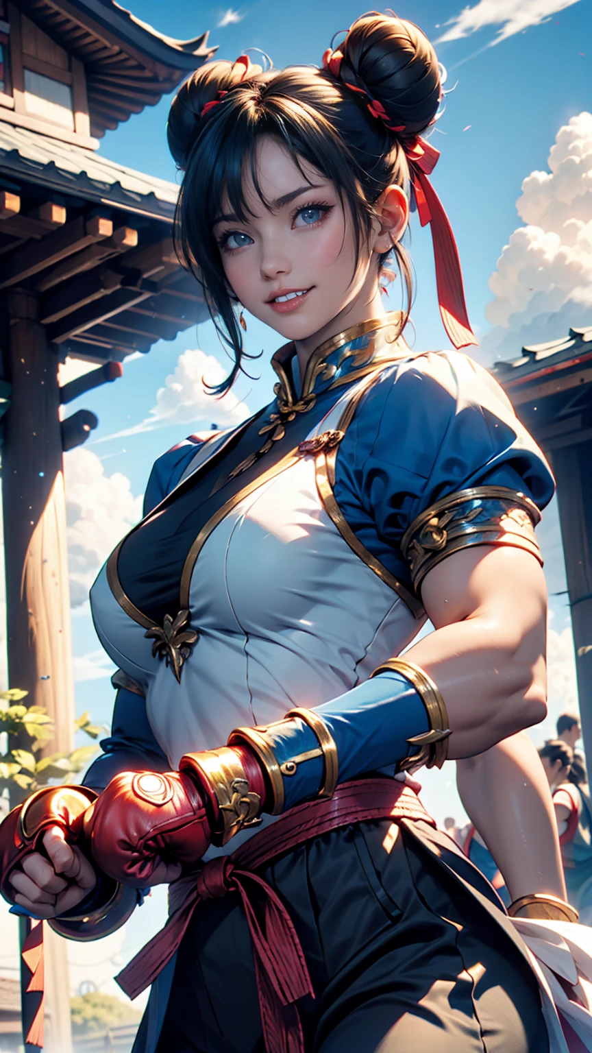  Street Fighter、Chunli、 bun hair、Kempo stance、blue sky、cloud、rainbow、smile