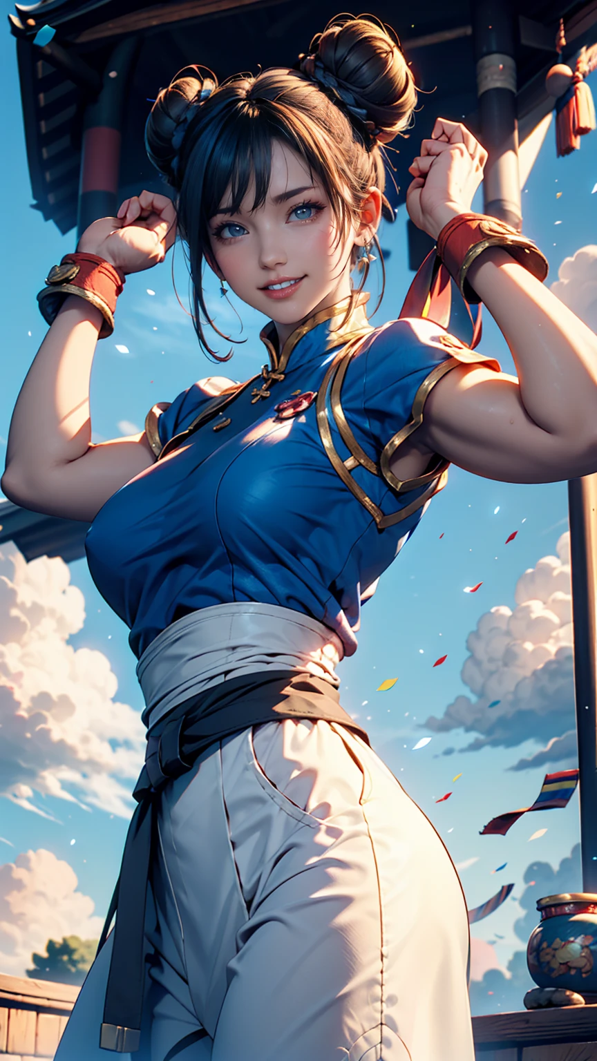  Street Fighter、Chunli、 bun hair、Kempo stance、blue sky、cloud、rainbow、smile