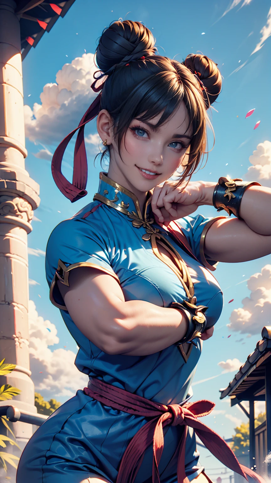  Street Fighter、Chunli、 bun hair、Kempo stance、blue sky、cloud、rainbow、smile