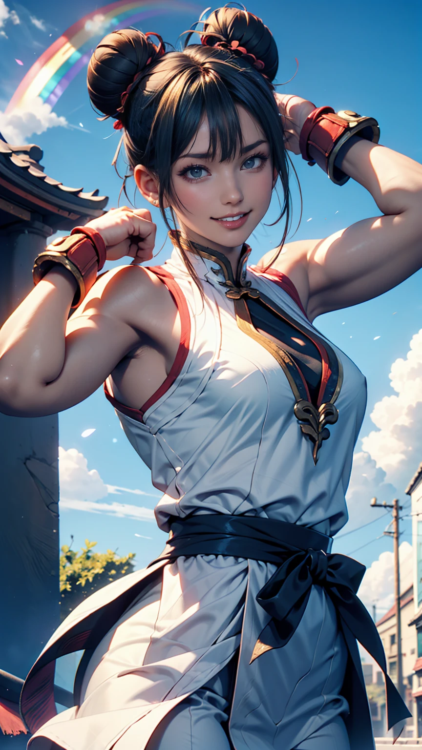  Street Fighter、Chunli、 bun hair、Kempo stance、blue sky、cloud、rainbow、smile