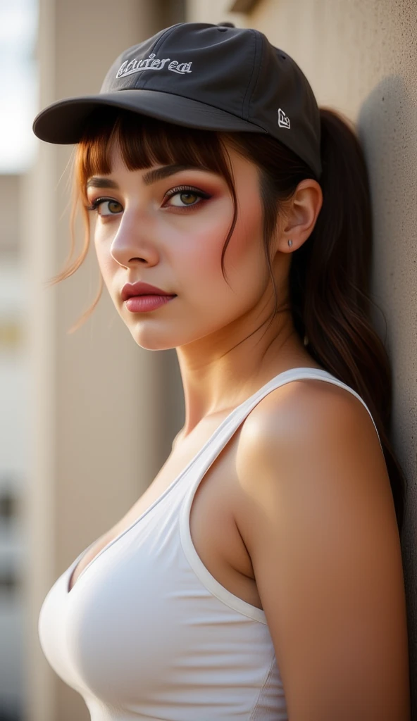 1girl, leaning on wall, sexy face, ponytail hairstyle, wearing cap, sexy , cute face , kawai girl, bangs, long hair, hazel eyes, look away, shy , nose blush, large saggy , cleavage, chest up, white sports bra, breast grab , pov , bubble  , close up