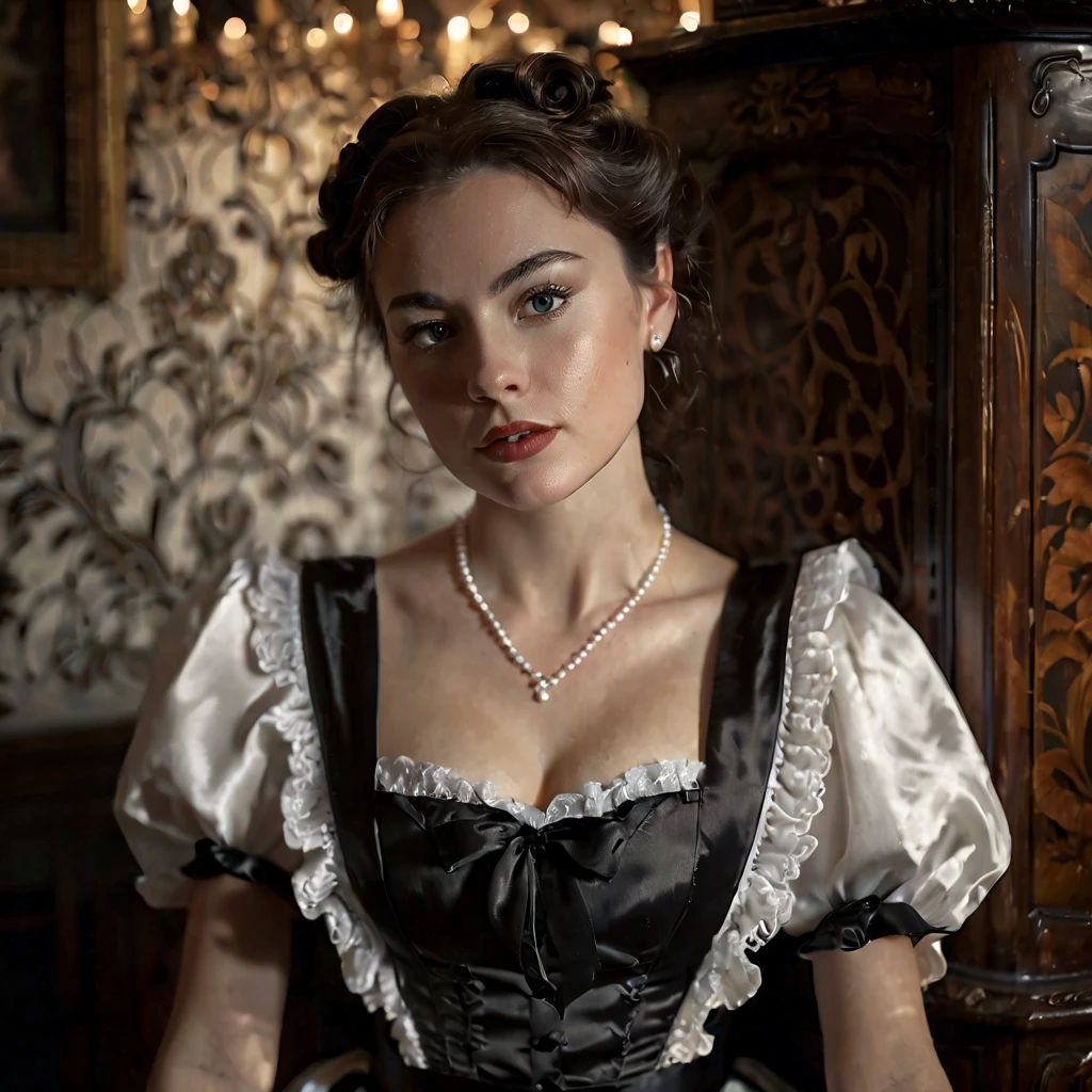 A hyperrealistic portrait of a young, stunningly beautiful lady in a short black and white satin French maid costume, sensually posed near an antique wooden commode in a dimly lit antique room.  Shot with an Arri Alexa LF, using a Zeiss Master Prime 50mm f/1.4 lens, illuminated with Rembrandt lighting, creating a dramatic chiaroscuro effect.  Shallow depth of field (f/1.4), cinematic bokeh, intricate details, inspired by Roger Deakins' lighting and composition.  8k resolution.  --ar 16:9