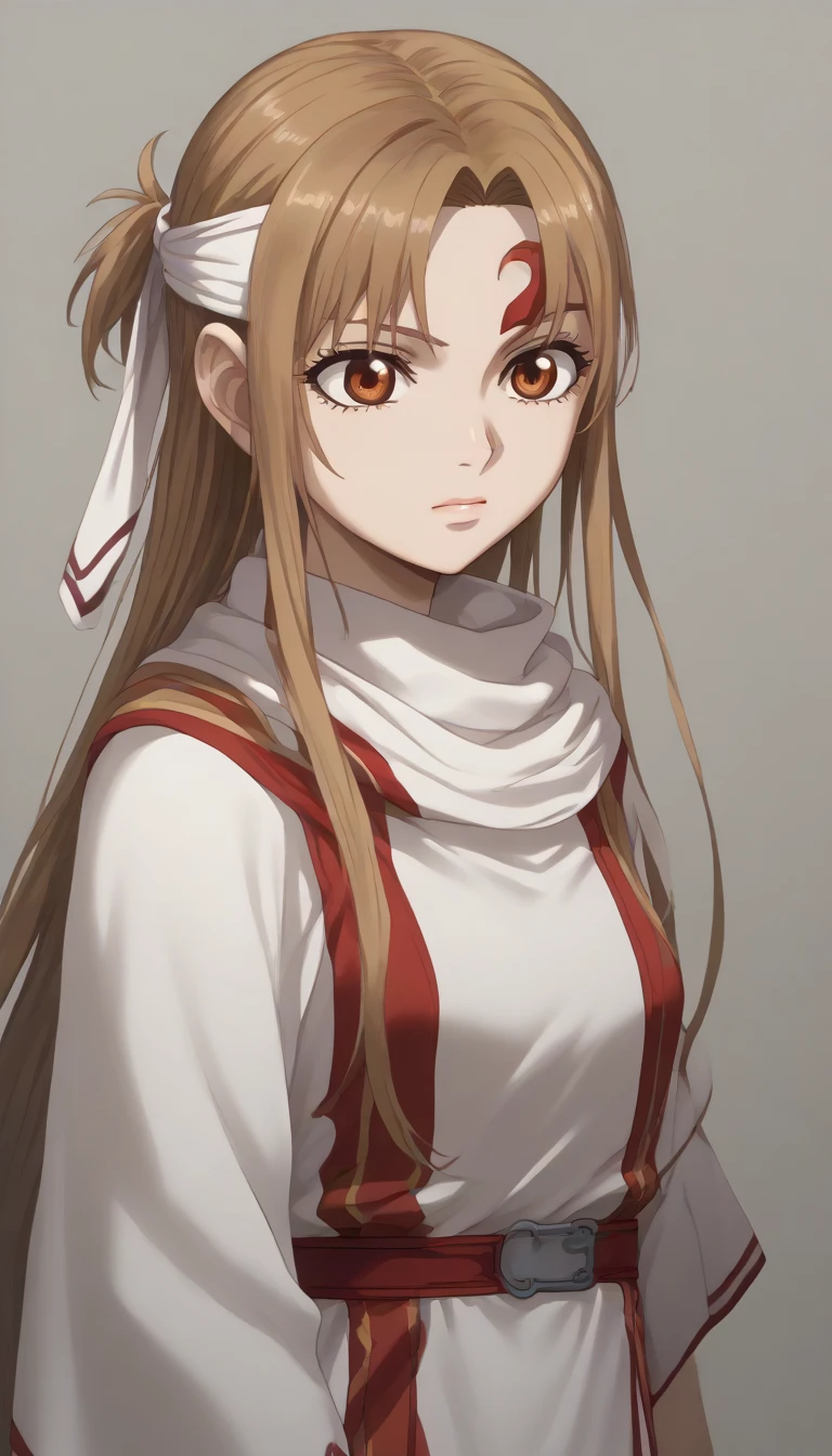 cowboy shot  masterpiece, super detail, high details, high quality, best quality, highres, 1080P, 8k, 16k  brown eyes very accurate clothing  score_9, score_8_up, score_7_up, ((cowl)) ((headband on forehead)) detailed clothing beautiful girl kyoukai  (((asuna yuuki)))