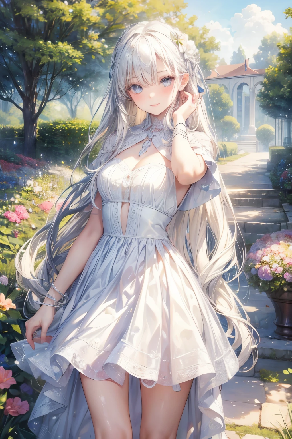 masterpiece, top quality, very detailed,photo realistic , realistic ,  ultra high resolution,  Masterpiece, pretty girl, teenager,White Hair,White straight hair, perfect eyes, VERY CUTE ,slender, aristocrat dress ,gem,Decorations,dance,smile,garden