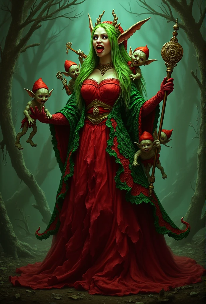 ((masterpiece)) ((photography)) ((Highest quality)) realistic image of a Christmas-themed Dark Fairy with Christmas-colored wings. She has green hair and wears a red dress, with mischievous little elves holding onto her green and red lace robe. She has large pointed ears, a sharp tongue, and big, sharp teeth. She holds a specter in one hand, with a terrifying random background.