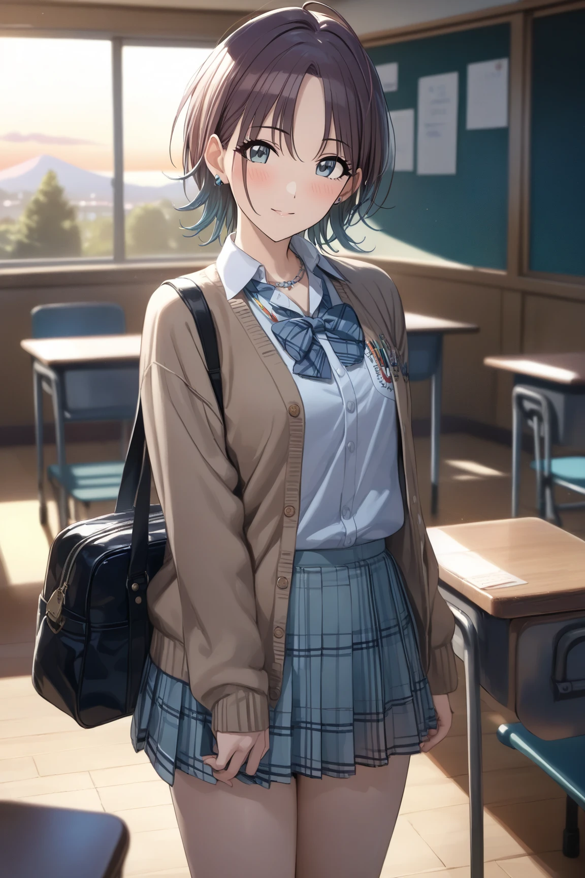 (masterpiece),(Highest quality),(Very detailed),(Best illustrations),(Best Shadow),(Absurd),(Detailed Background),(so beautiful), 4K, 32K,
Official Style,

 asakura_toru,

the idolmaster shiny colors,
chest,
blush,

school uniform, Cardigan,

alone,
Japan,
classroom,
evening,
Sunset,
Background Blur, 
focus on face,
cowboy shot,
realistic skin,