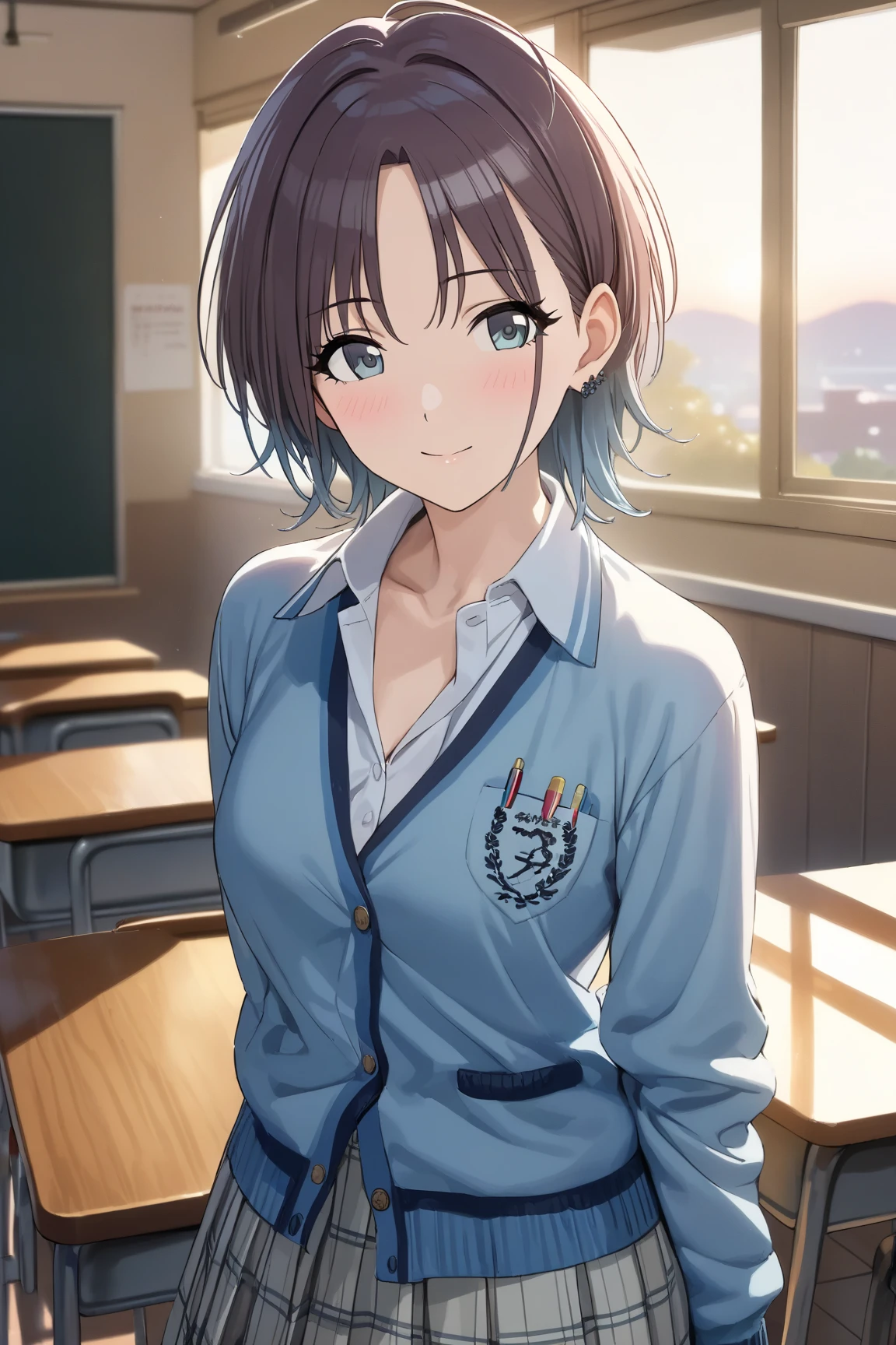 (masterpiece),(Highest quality),(Very detailed),(Best illustrations),(Best Shadow),(Absurd),(Detailed Background),(so beautiful), 4K, 32K,
Official Style,

 asakura_toru,

the idolmaster shiny colors,
chest,
blush,

school uniform, Cardigan,

alone,
Japan,
classroom,
evening,
Sunset,
Background Blur, 
focus on face,
cowboy shot,
realistic skin,