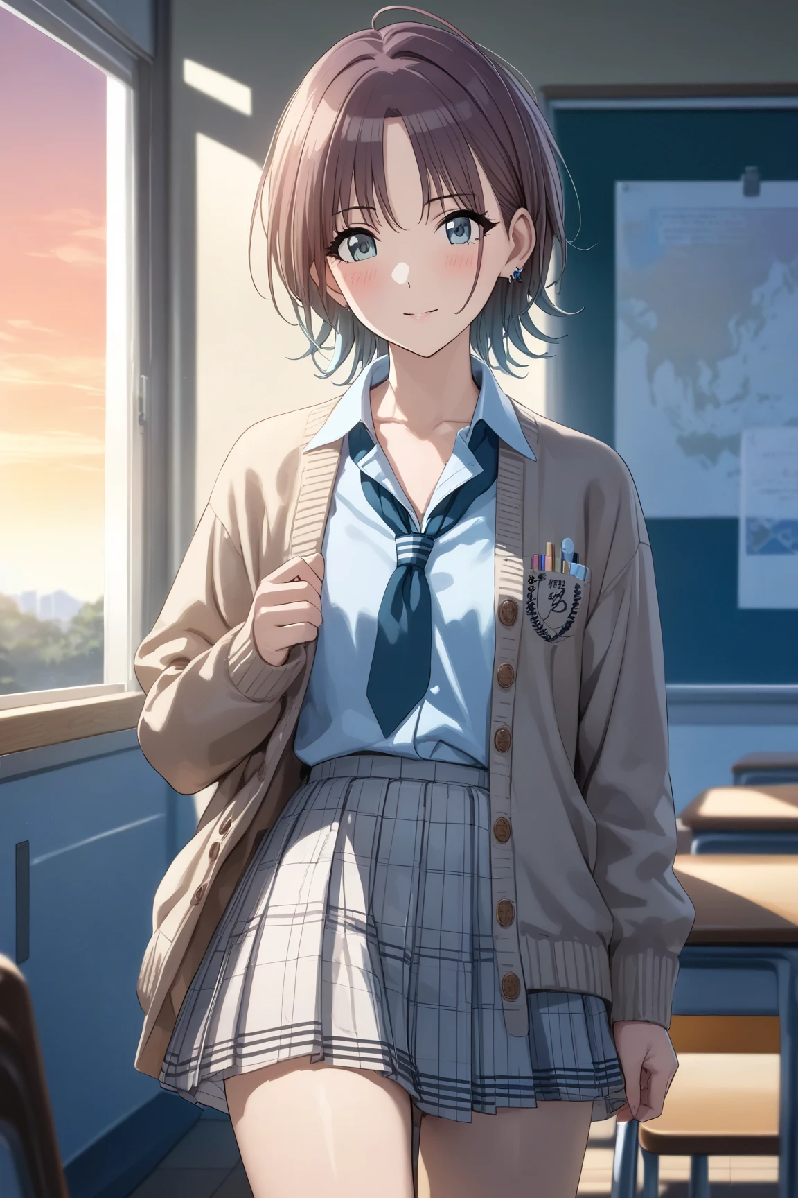 (masterpiece),(Highest quality),(Very detailed),(Best illustrations),(Best Shadow),(Absurd),(Detailed Background),(so beautiful), 4K, 32K,
Official Style,

 asakura_toru,

the idolmaster shiny colors,
chest,
blush,

school uniform, Cardigan,

alone,
Japan,
classroom,
evening,
Sunset,
Background Blur, 
focus on face,
cowboy shot,
realistic skin,