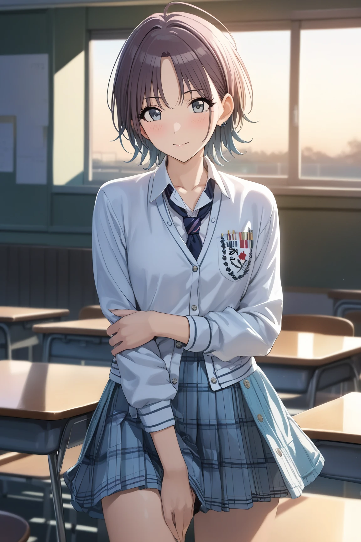 (masterpiece),(Highest quality),(Very detailed),(Best illustrations),(Best Shadow),(Absurd),(Detailed Background),(so beautiful), 4K, 32K,
Official Style,

 asakura_toru,

the idolmaster shiny colors,
chest,
blush,

school uniform, Cardigan,

alone,
Japan,
classroom,
evening,
Sunset,
Background Blur, 
focus on face,
cowboy shot,
realistic skin,