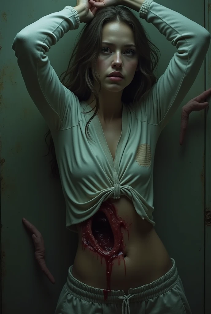 Horror movie. The image shows a woman lying on the floor, surrounded by a pentagram drawn with black tape and lit candles at each point. She is positioned with her arms outstretched, and there is visible blood on her hand, suggesting an unsettling or ritualistic scene. Her expression is tense, and she appears to be in a vulnerable or distressed state. The lighting is dim, contributing to the eerie and ominous atmosphere of the scene. The focus on the pentagram and candles suggests a connection to supernatural or occult themes. highly detailed photograph simulating Kodak 120 PORTRA film, shot with a Canon EOS R5 at F 2.8. Photorealistic. cinematic.