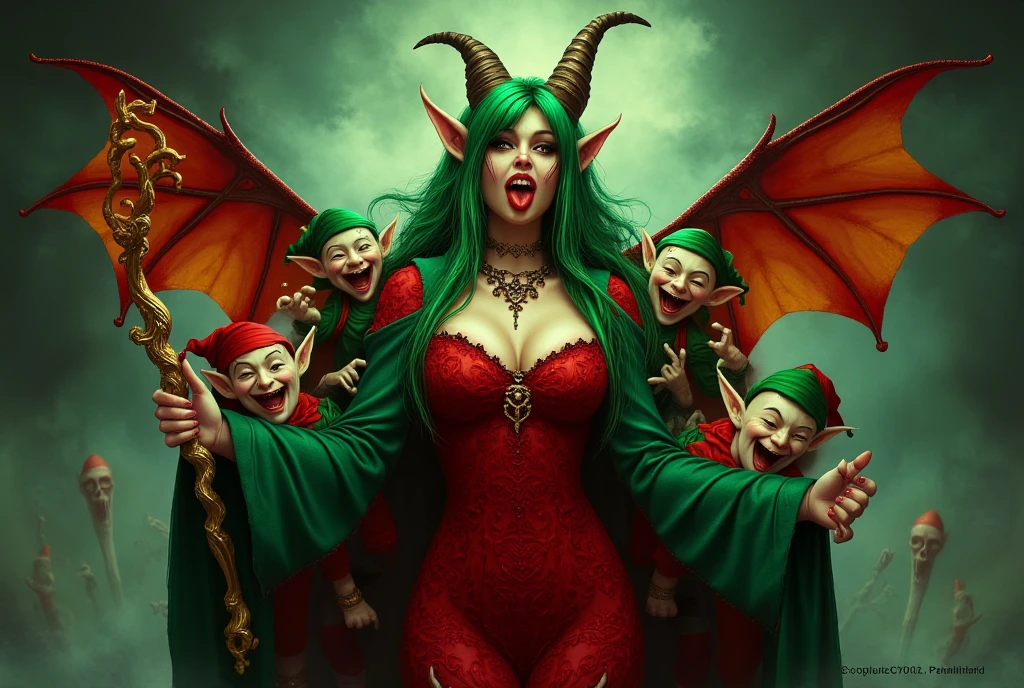 ((masterpiece)) ((photography)) ((Highest quality)) realistic image of a Christmas-themed Dark Fairy with Christmas-colored wings. She has green hair and wears a red dress, with mischievous little elves holding onto her green and red lace robe. She has large pointed ears, a sharp tongue, and big, sharp teeth. She holds a specter in one hand, with a terrifying random background.