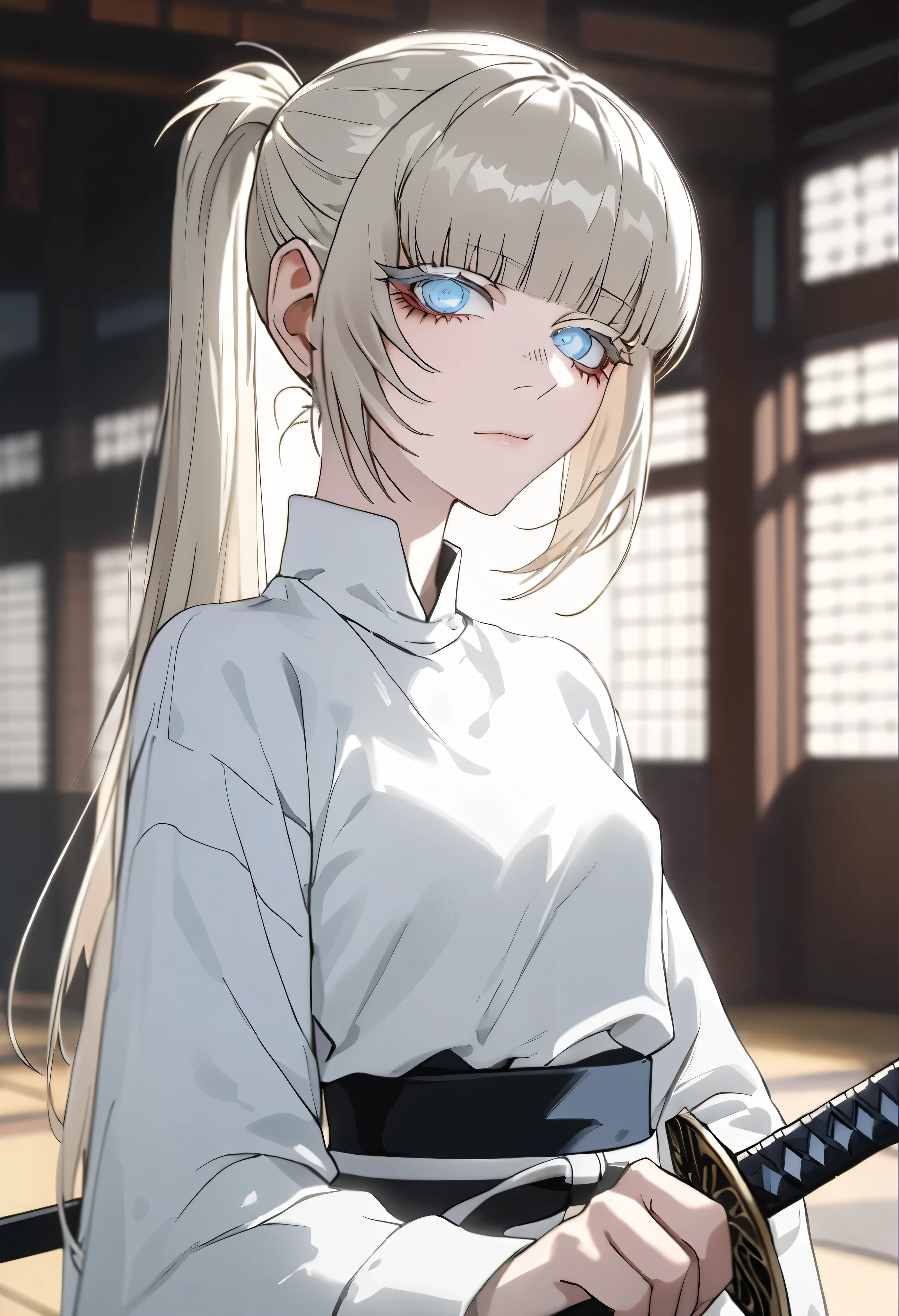 Anime style, 1 girl, 1 sexy girl, white pale skinned girl, porcelain skin, blue eyes, (HAIR: light blonde straight cut, long length, full bangs covering eyebrows, side framing fringe, extra long hair ) (BODY: flat chested, skinny, short )(best quality, 4k, 8k, highres, masterpiece:1.2), ultra-detailed, HDR, UHD, studio lighting, detailed eyes, ultra-fine painting, sharp focus, physically-based rendering, extreme detail description, professional, vivid colors, in a dojo, holding a katana, score_9, score_8_up, score_9_up, source_anime