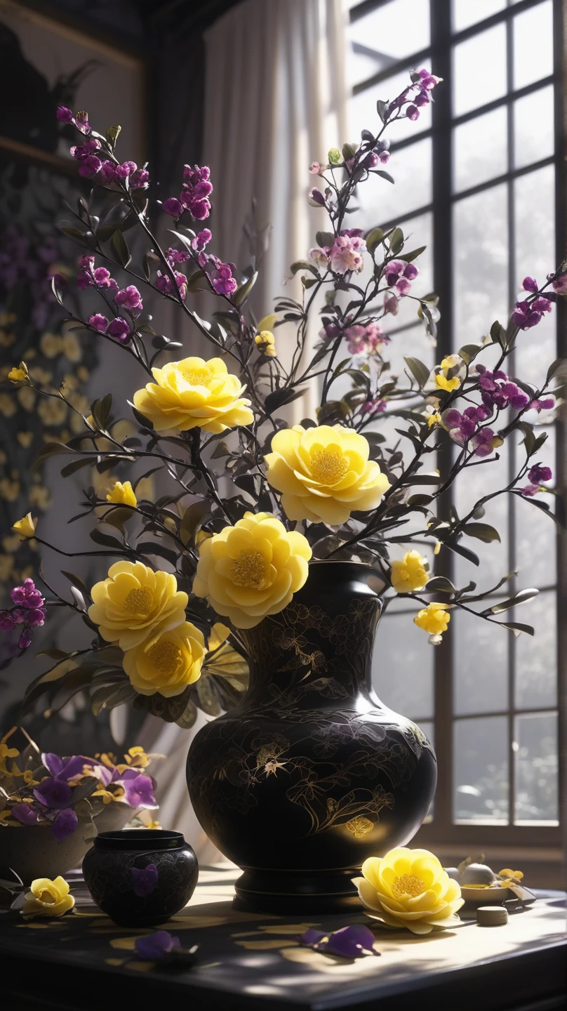 Black and silver Japanese pottery   , beautiful yellow camellias and purple berries are very long, narrow vase , soul,  fairy tale, soul、soul,   colorful  ,  Japanese garden 、  cinematic monotone lighting  , 8k, Bage design  、  High Quality  、   waving his greatest masterpieces 