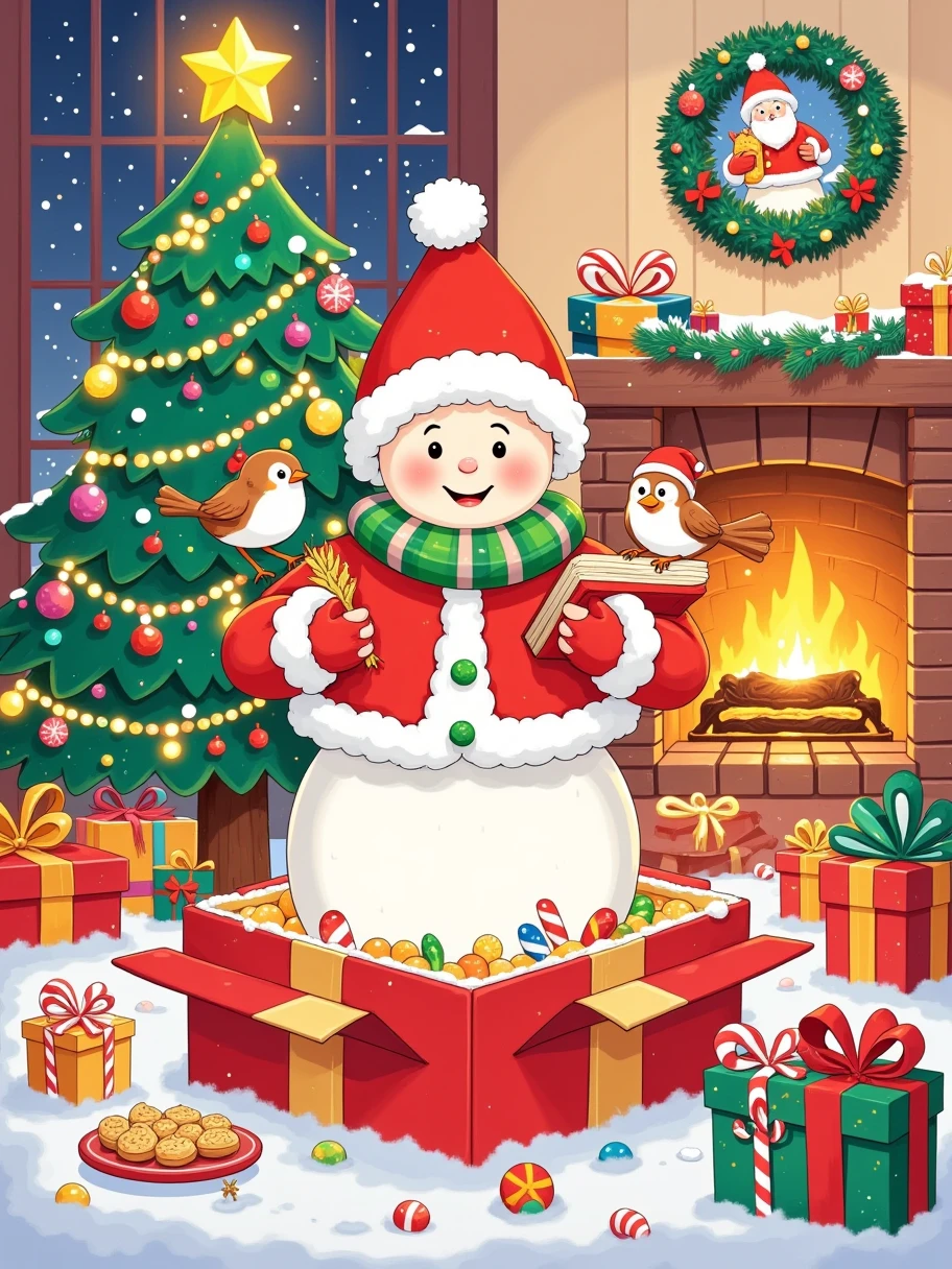 ((( Adorable snowman holding a book and bag of candy,  Standing in an open gift box ))),  Robins perched on a snowman's head , Christmas elements,  Snow-covered ground ,  Holiday Decor ,  Candy packaging Holiday costume quality , 8k,  high resolution, (masterpiece:1.2),  super detailed,  studio lighting ,  Extremely Detailed Description , major, Bright colors, Christmas theme, Winter Wonderland , Holiday illustration , Bright colors, snow White,  Festive red and green ,  Warm and cozy Christmas lights 