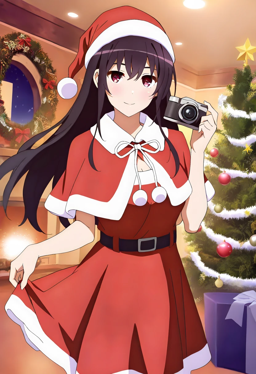 masterpiece, best quality, newest, absurdres,  highres icon,safe）， year 2024，1 girl,SHIYU , wearing a Christmas costume， looking at the camera，Smile，Standing next to her is this elk in a Christmas costume，Christmas atmosphere